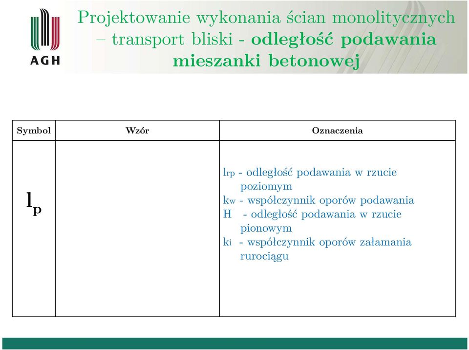 Droga, kórą może przebyć mieszanka lp musi być mniejsza od lmax Symbol Wzór Oznaczenia l p l p l rp k w H ki 90 o i lrp -