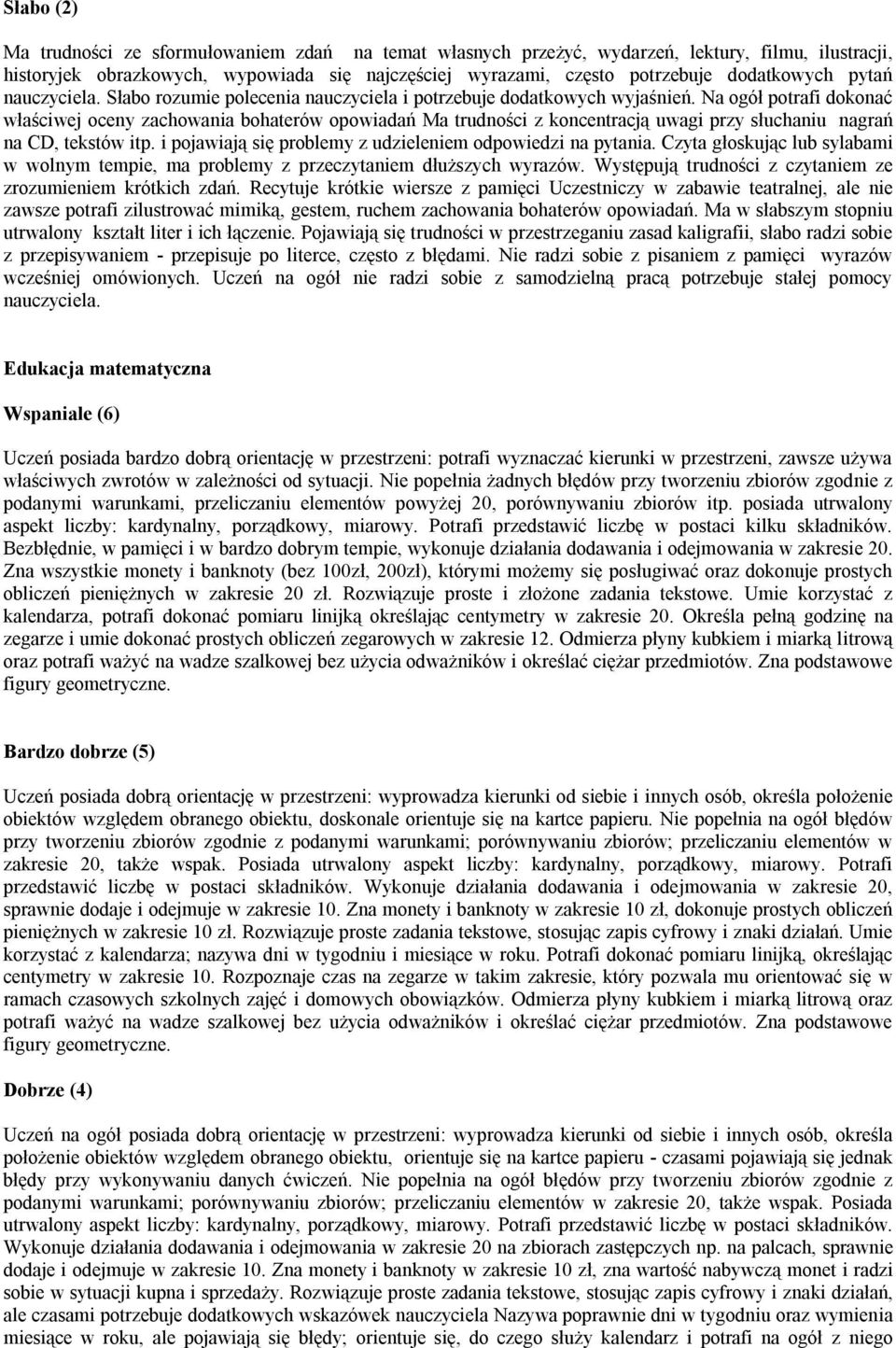 Na ogół potrafi dokonać właściwej oceny zachowania bohaterów opowiadań Ma trudności z koncentracją uwagi przy słuchaniu nagrań na CD, tekstów itp.