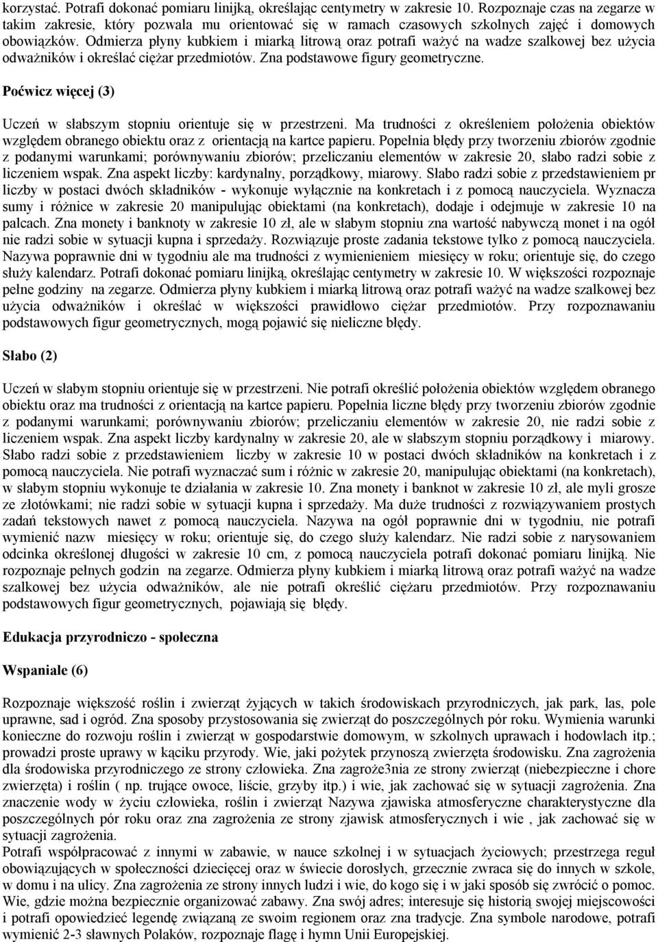 Odmierza płyny kubkiem i miarką litrową oraz potrafi ważyć na wadze szalkowej bez użycia odważników i określać ciężar przedmiotów. Zna podstawowe figury geometryczne.