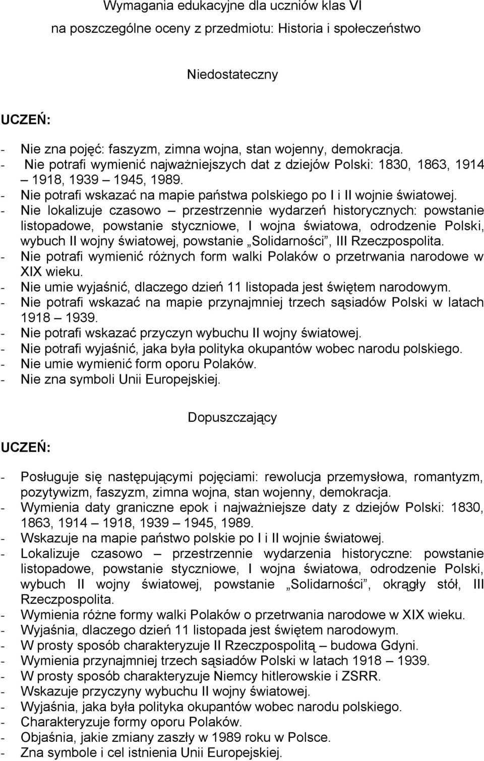 - Nie lokalizuje czasowo przestrzennie wydarzeń historycznych: powstanie wybuch II wojny światowej, powstanie Solidarności, III Rzeczpospolita.