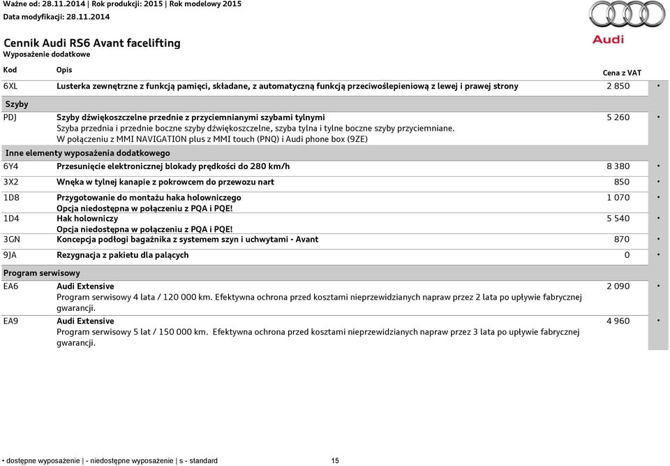 W połączeniu z MMI NAVIGATION plus z MMI touch (PNQ) i Audi phone box (9ZE) Inne elementy wyposażenia dodatkowego 5 260 6Y4 Przesunięcie elektronicznej blokady prędkości do 280 km/h 8 380 3X2 Wnęka w