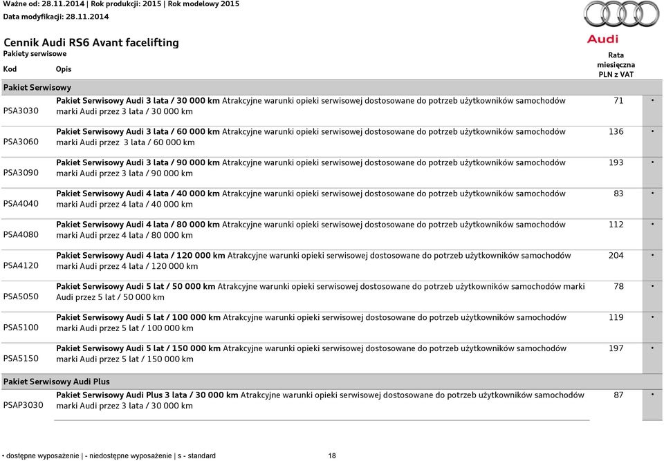 potrzeb użytkowników samochodów marki Audi przez 3 lata / 60 000 km Pakiet Serwisowy Audi 3 lata / 90 000 km Atrakcyjne warunki opieki serwisowej dostosowane do potrzeb użytkowników samochodów marki