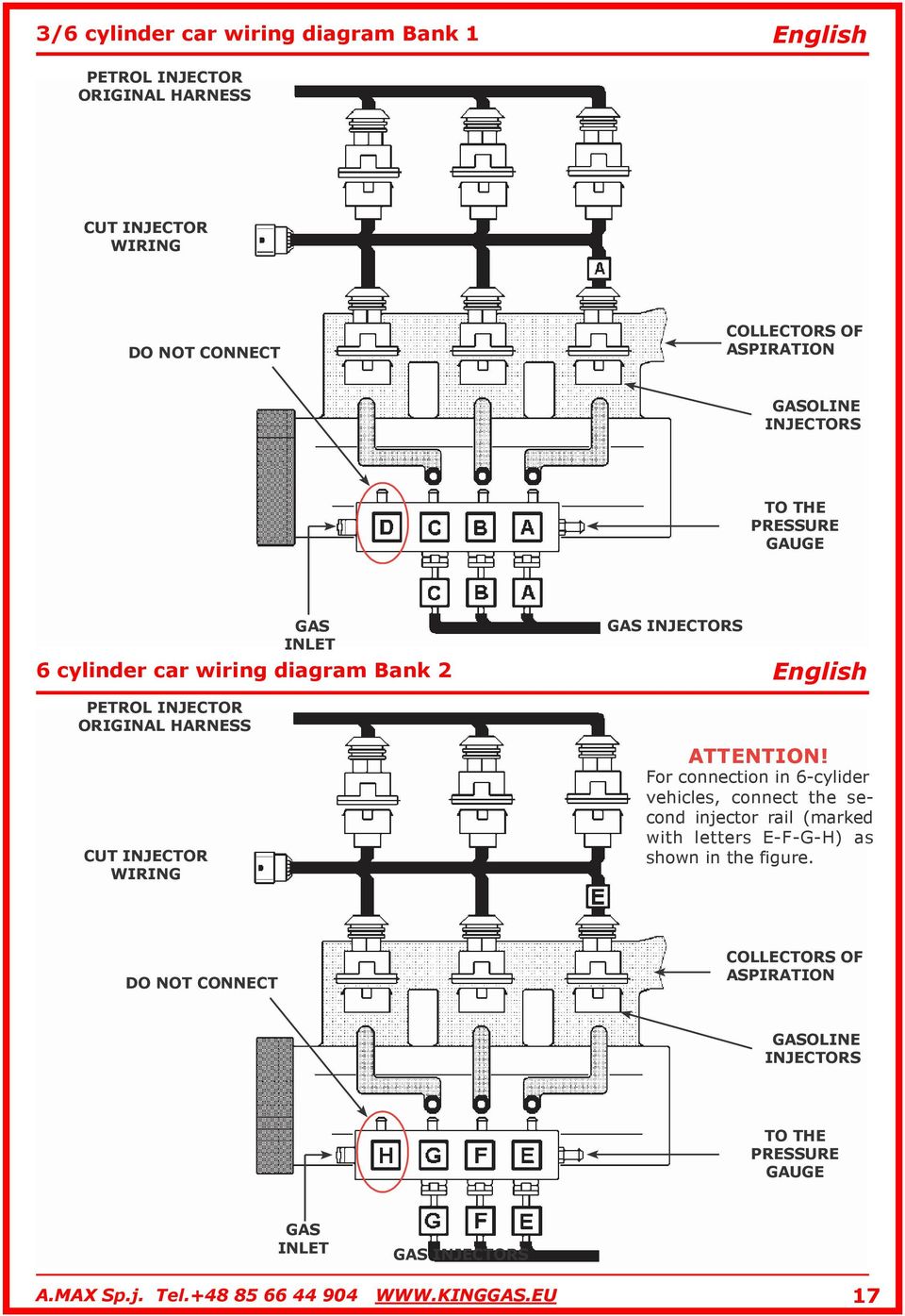 WIRING ATTENTION! For connection in 6-cylider vehicles, connect the second injector rail (marked with letters E-F-G-H) as shown in the figure.