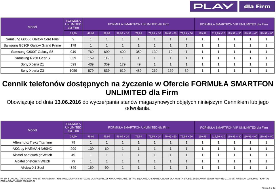 SMARTFON Obowiązuje od dnia 13.06.2016 do wyczerpania stanów magazynowych objętych niniejszym Cennikiem lub jego odwołania.