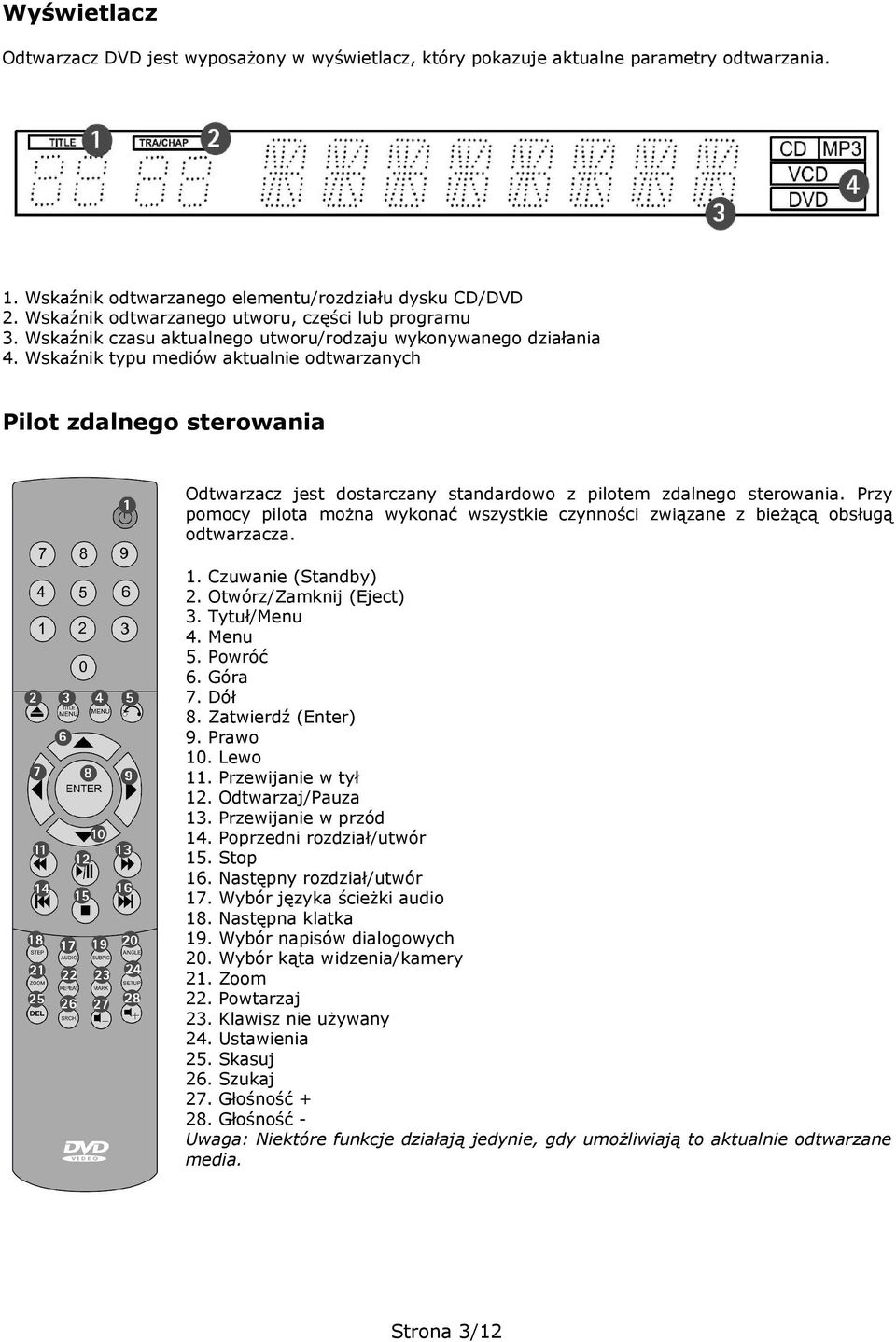 odtwarzanych Pilot zdalnego sterowania Odtwarzacz jest dostarczany standardowo z pilotem zdalnego sterowania.