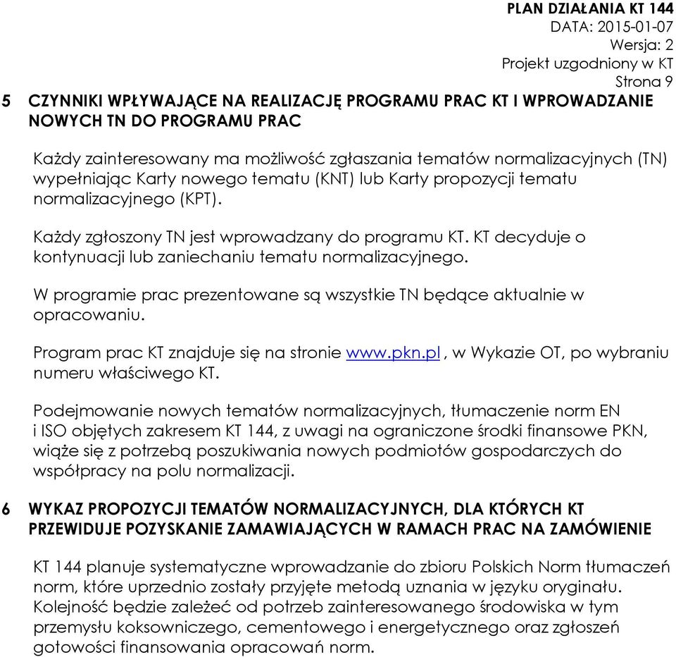 W programie prac prezentowane są wszystkie TN będące aktualnie w opracowaniu. Program prac KT znajduje się na stronie www.pkn.pl, w Wykazie OT, po wybraniu numeru właściwego KT.