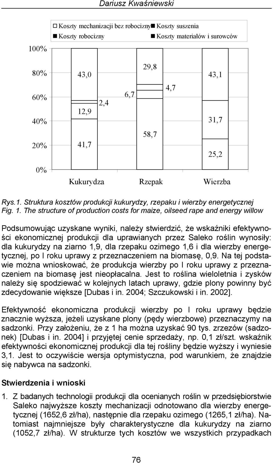 The structure of production costs for maize, oilseed rape and energy willow Podsumowując uzyskane wyniki, należy stwierdzić, że wskaźniki efektywności ekonomicznej produkcji dla uprawianych przez