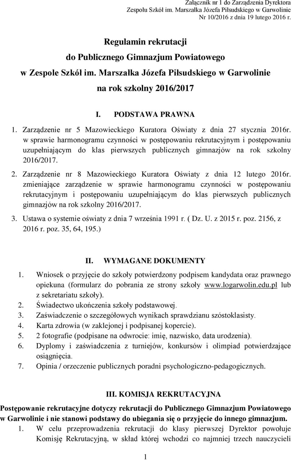 Zarządzenie nr 5 Mazowieckiego Kuratora Oświaty z dnia 27 stycznia 2016r.
