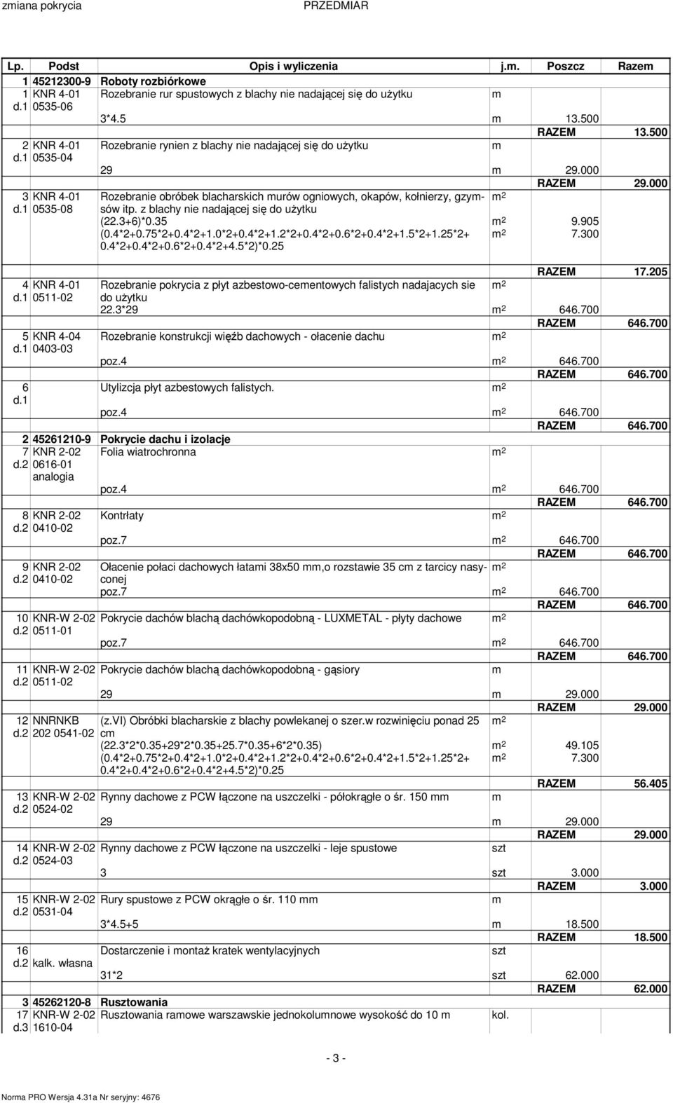 000 Rozebranie obróbek blacharskich urów ogniowych, okapów, kołnierzy, gzysów 2 itp. z blachy nie nadającej się do użytku (22.3+6)*0.35 2 9.905 (0.4*2+0.75*2+0.4*2+1.0*2+0.4*2+1.2*2+0.4*2+0.6*2+0.