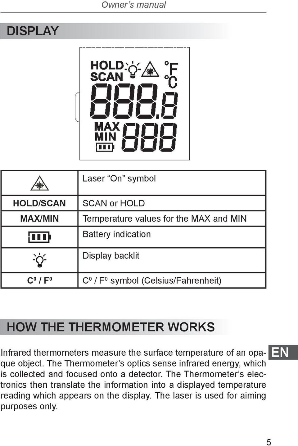 opaque object. The Thermometer s optics sense infrared energy, which is collected and focused onto a detector.