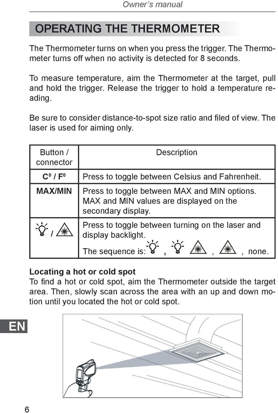 Be sure to consider distance-to-spot size ratio and filed of view. The laser is used for aiming only. Button / connector C 0 / F 0 MAX/MIN / Description Press to toggle between Celsius and Fahrenheit.