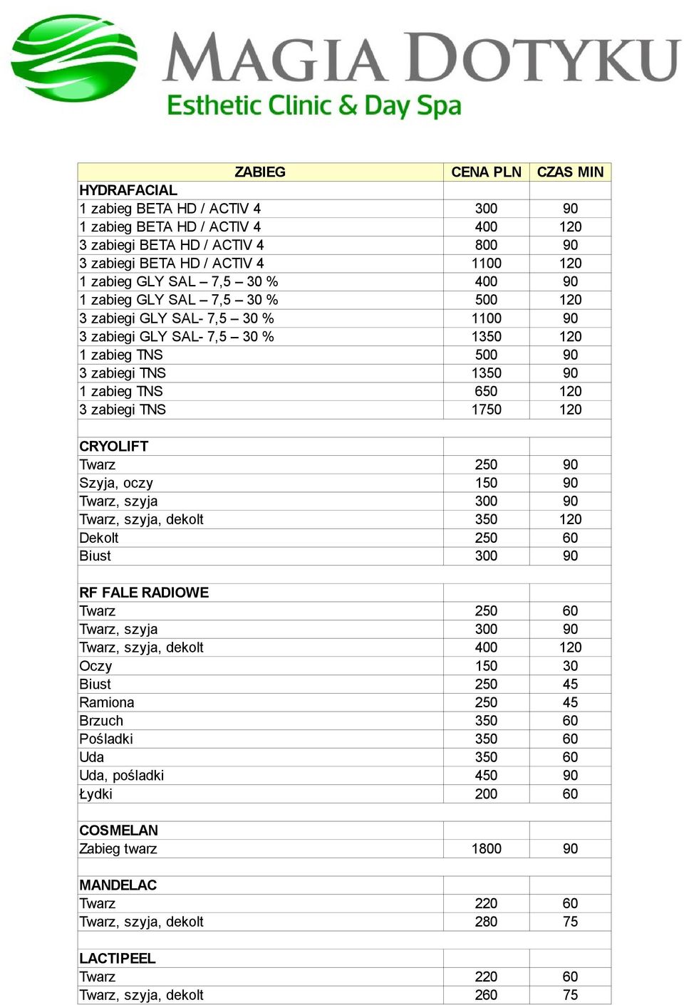 1750 120 CRYOLIFT Twarz 250 90 Szyja, oczy 150 90 Twarz, szyja 300 90 Twarz, szyja, dekolt 350 120 Dekolt 250 60 Biust 300 90 RF FALE RADIOWE Twarz 250 60 Twarz, szyja 300 90 Twarz, szyja, dekolt 400