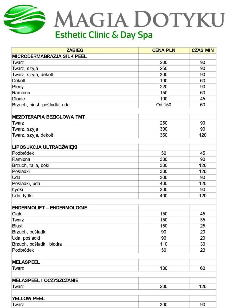 300 90 Brzuch, talia, boki 300 120 Pośladki 300 120 Uda 300 90 Pośladki, uda 400 120 Łydki 300 90 Uda, łydki 400 120 ENDERMOLIFT ENDERMOLOGIE Ciało 150 45 Twarz 150 35 Biust