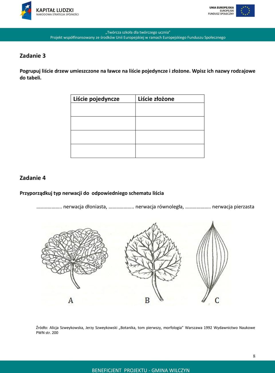 Liście pojedyncze Liście złożone Zadanie 4 Przyporządkuj typ nerwacji do odpowiedniego schematu liścia.