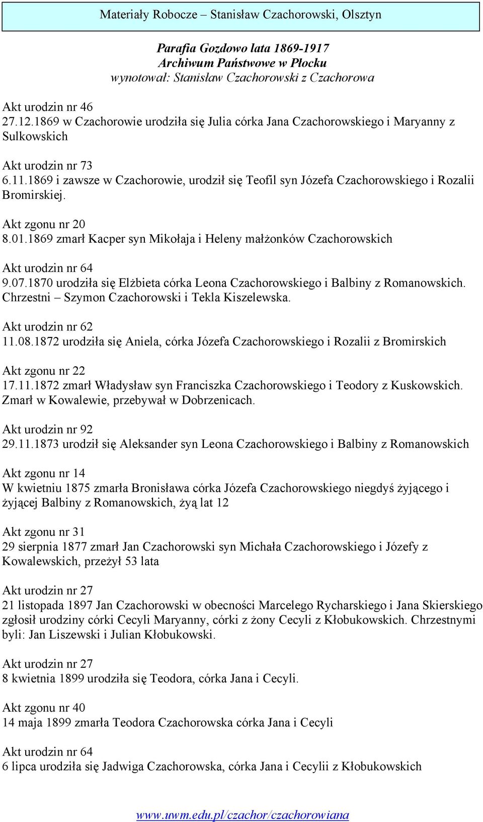 1869 i zawsze w Czachorowie, urodził się Teofil syn Józefa Czachorowskiego i Rozalii Bromirskiej. Akt zgonu nr 20 8.01.