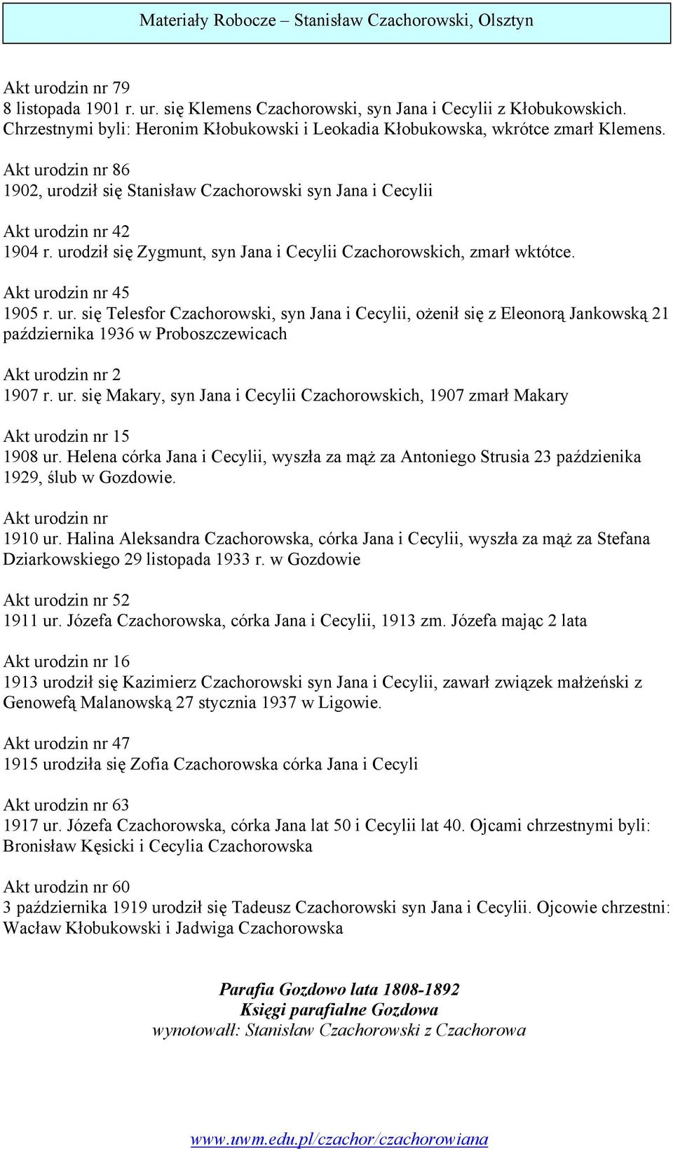 ur. się Telesfor Czachorowski, syn Jana i Cecylii, ożenił się z Eleonorą Jankowską 21 października 1936 w Proboszczewicach Akt uro