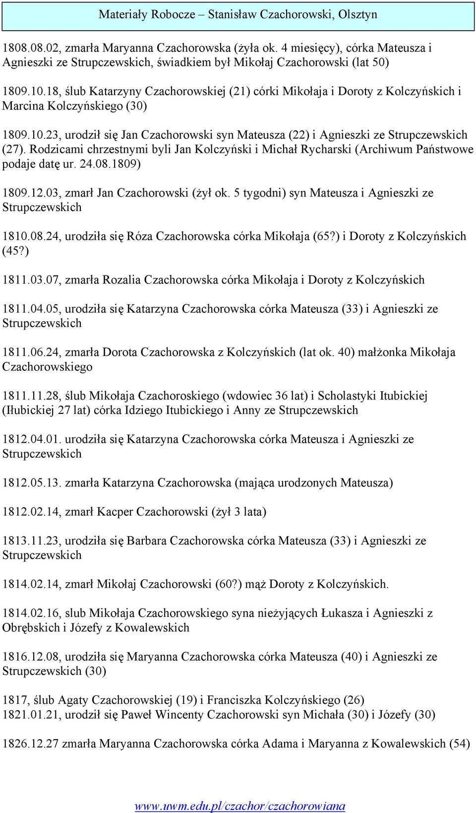 23, urodził się Jan Czachorowski syn Mateusza (22) i Agnieszki ze Strupczewskich (27). Rodzicami chrzestnymi byli Jan Kolczyński i Michał Rycharski (Archiwum Państwowe podaje datę ur. 24.08.