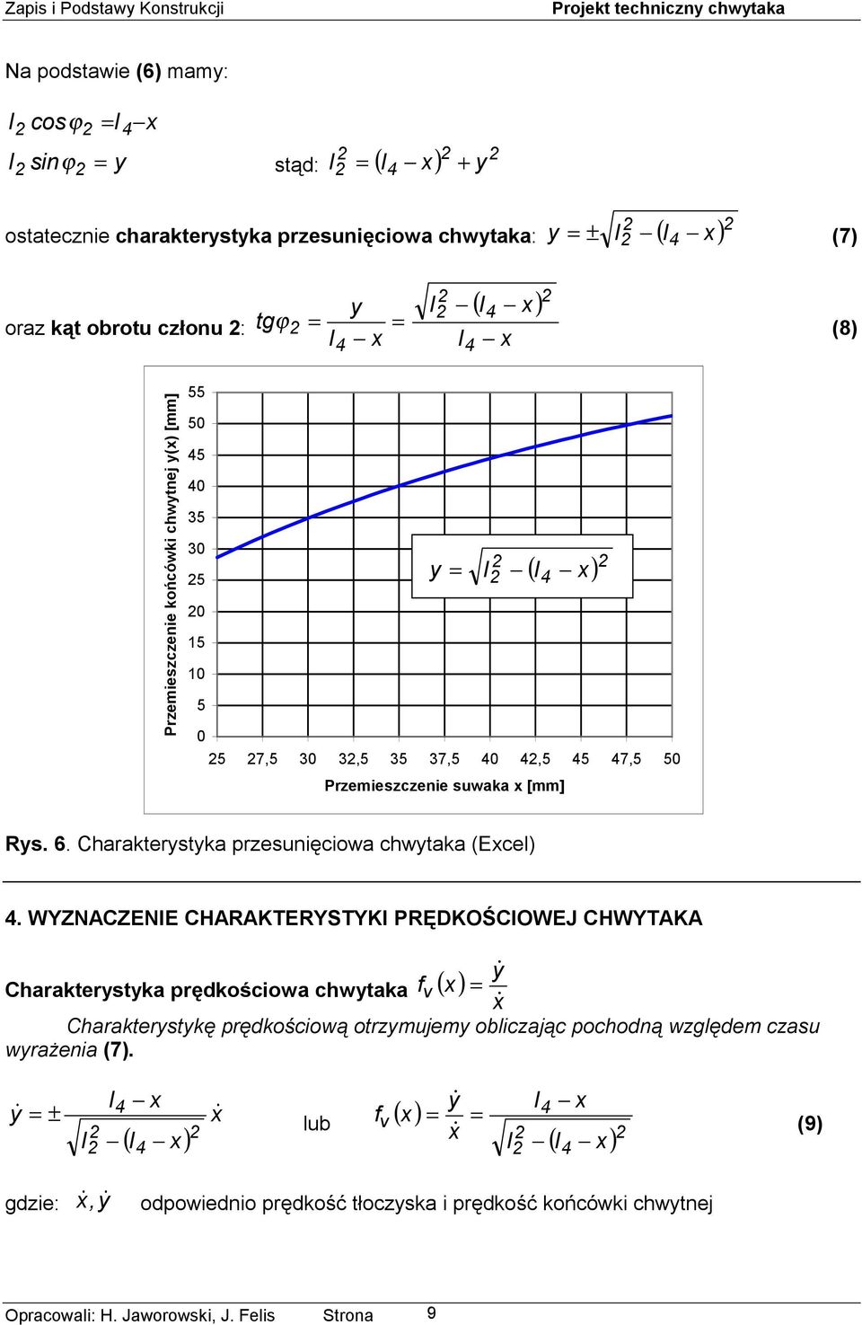 Charakterystyka przesunięciowa chwytaka (Excel).