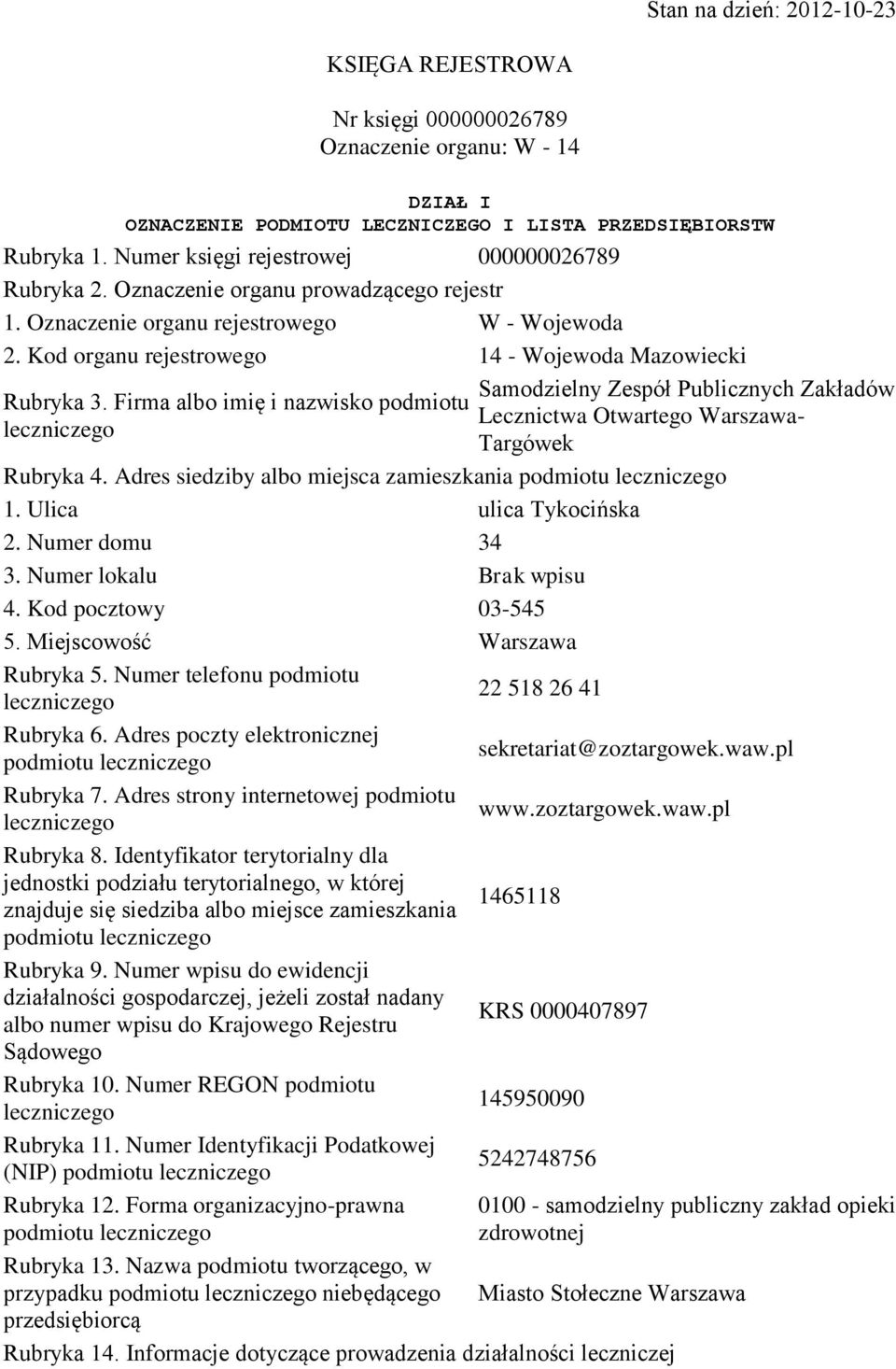 Firma albo imię i nazwisko podmiotu leczniczego Samodzielny Zespół Publicznych Zakładów Lecznictwa Otwartego Warszawa- Targówek Rubryka 4.