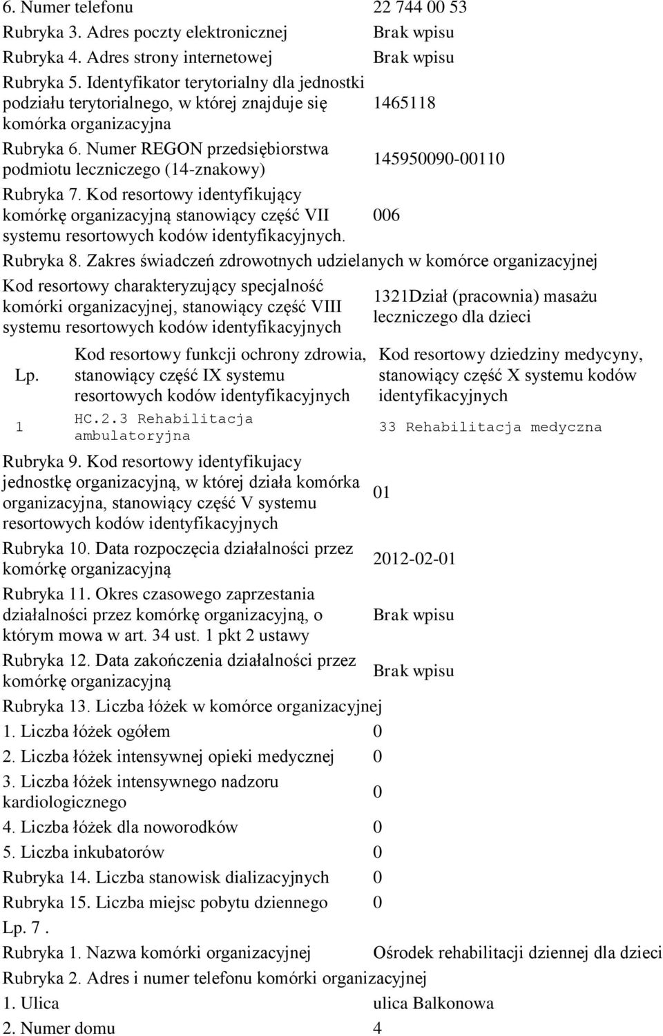 Liczba inkubatorów Rubryka 4. Liczba stanowisk dializacyjnych Rubryka 5. Liczba miejsc pobytu dziennego 7. Rubryka. Nazwa komórki organizacyjnej Ośrodek rehabilitacji dziennej dla dzieci.