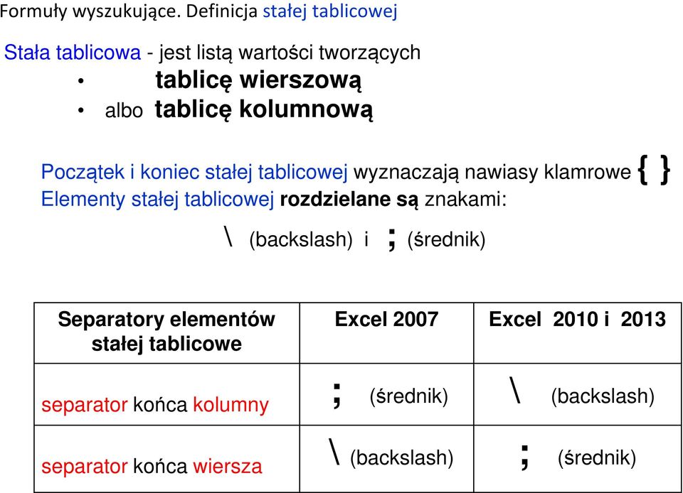 kolumnową Początek i koniec stałej tablicowej wyznaczają nawiasy klamrowe { } Elementy stałej tablicowej