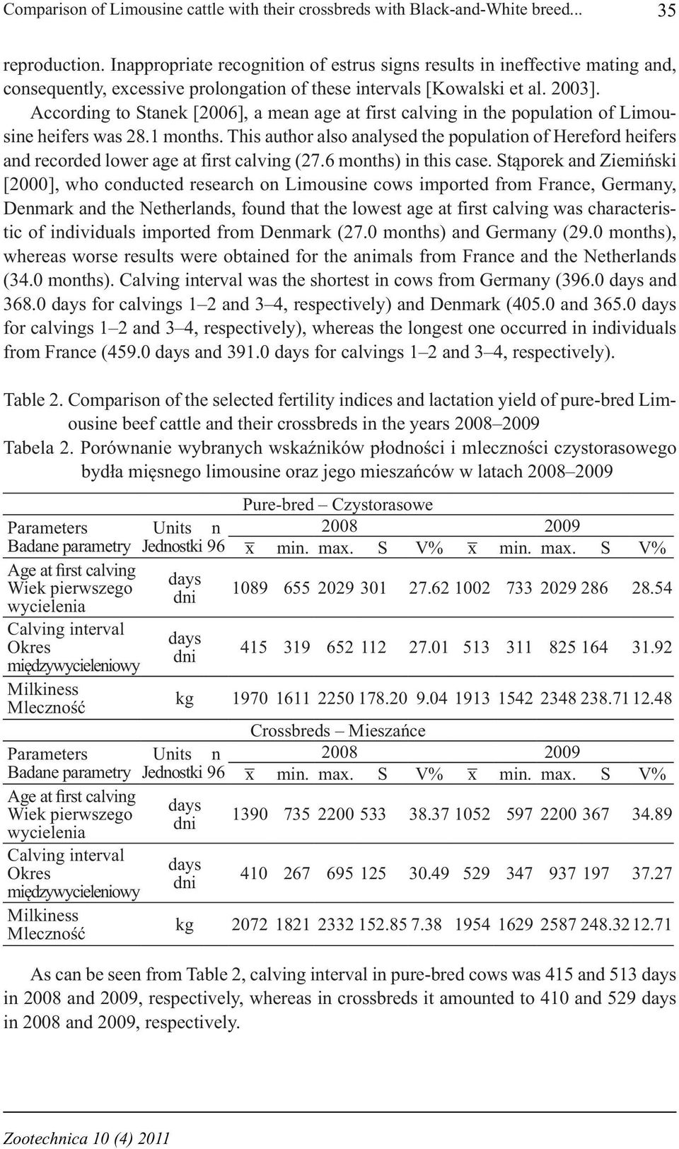 According to Stanek [2006], a mean age at first calving in the population of Limousine heifers was 28.1 months.