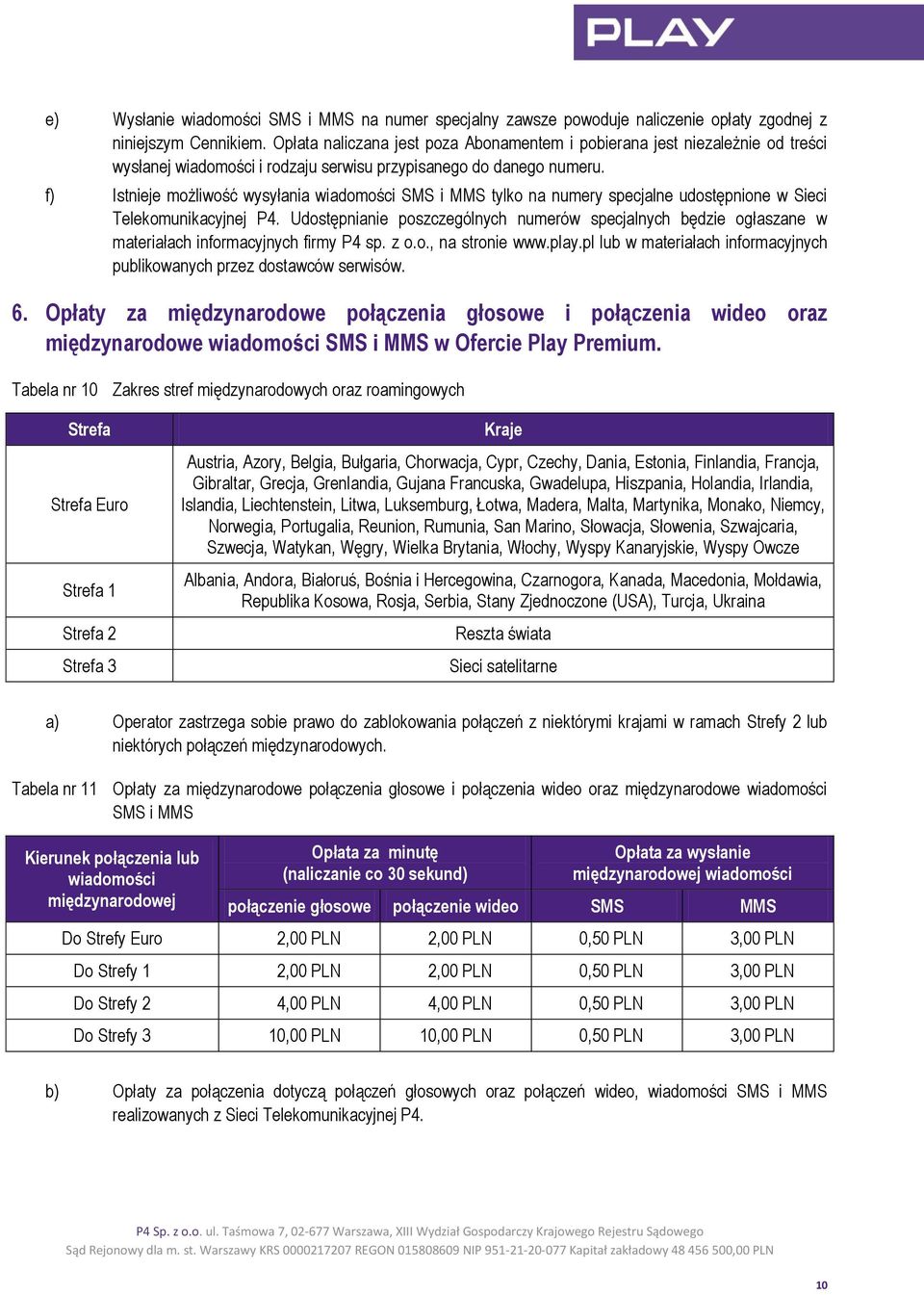 f) Istnieje możliwość wysyłania wiadomości SMS i MMS tylko na numery specjalne udostępnione w Sieci Telekomunikacyjnej P4.