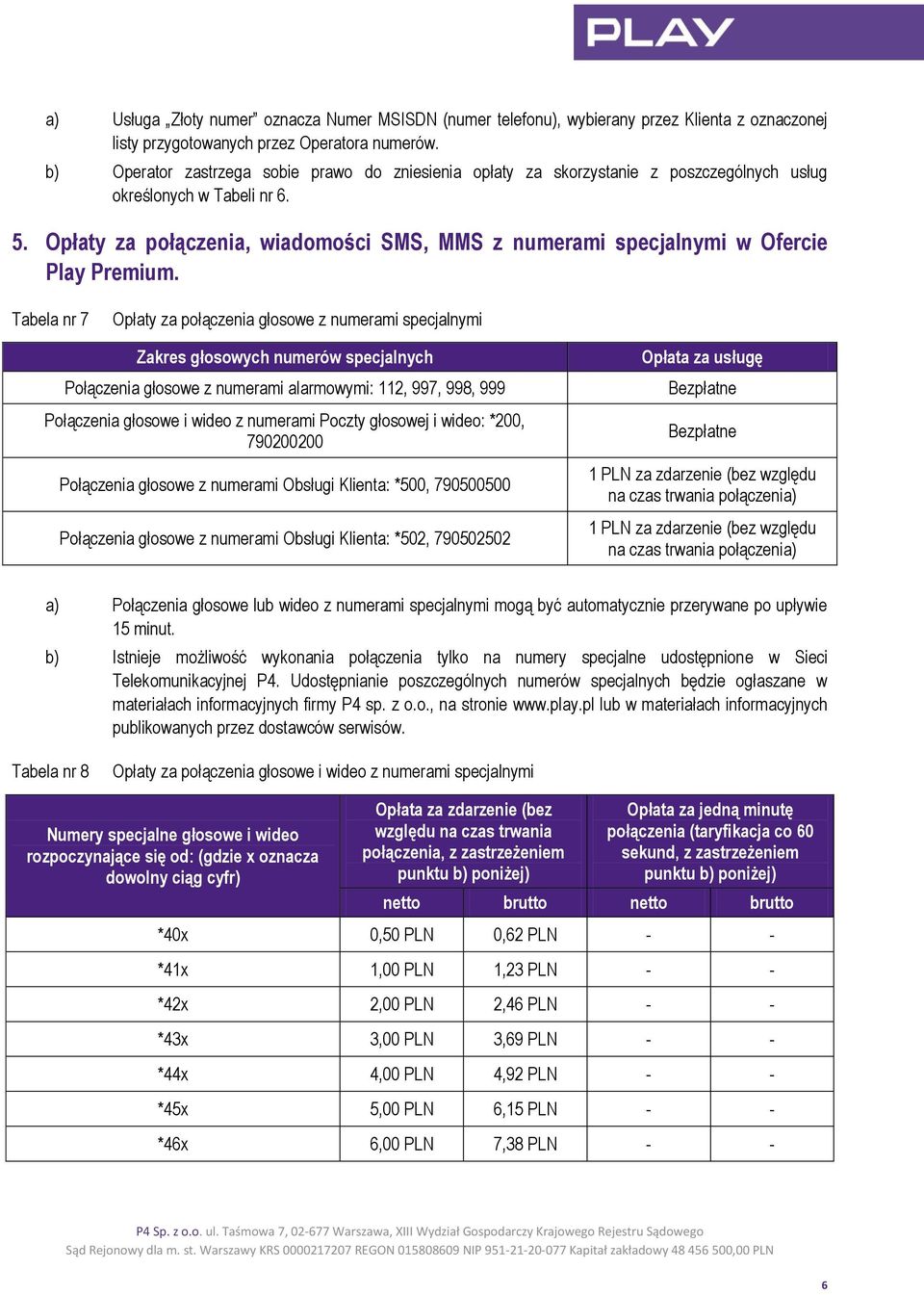 Opłaty za połączenia, wiadomości SMS, MMS z numerami specjalnymi w Ofercie Play Premium.