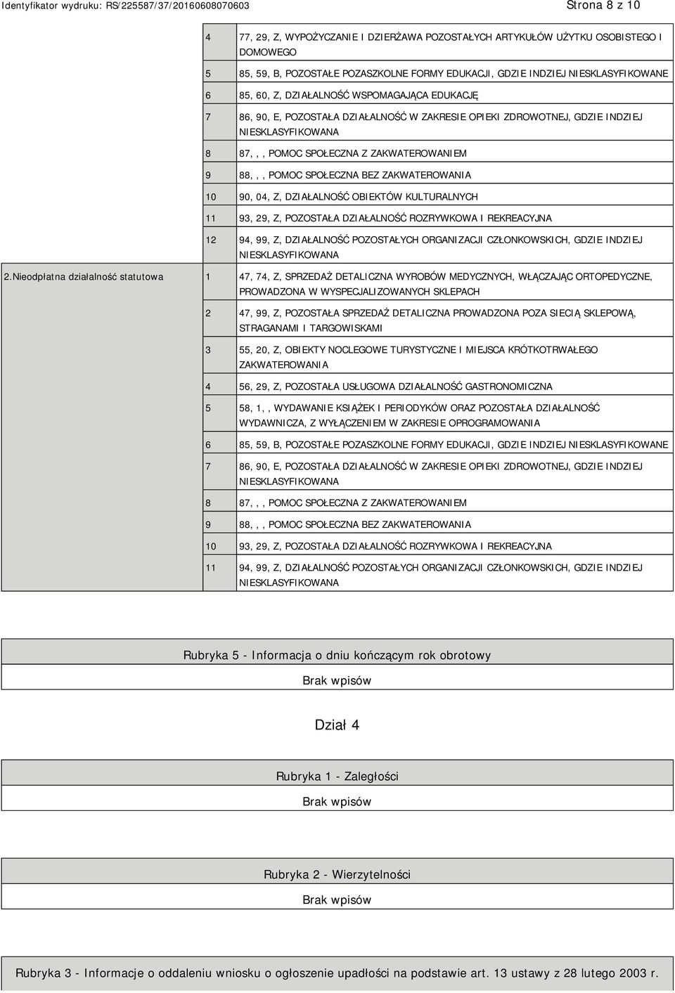 BEZ ZAKWATEROWANIA 10 90, 04, Z, DZIAŁALNOŚĆ OBIEKTÓW KULTURALNYCH 11 93, 29, Z, POZOSTAŁA DZIAŁALNOŚĆ ROZRYWKOWA I REKREACYJNA 12 94, 99, Z, DZIAŁALNOŚĆ POZOSTAŁYCH ORGANIZACJI CZŁONKOWSKICH, GDZIE