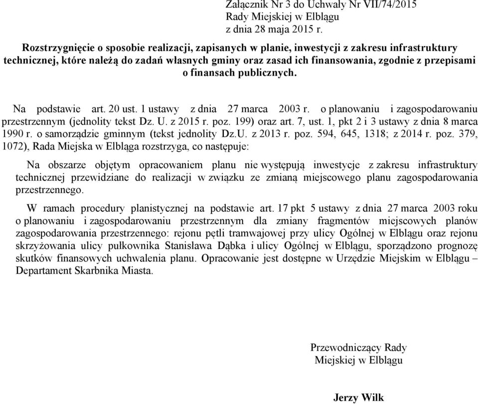 finansach publicznych. Na podstawie art. 20 ust. 1 ustawy z dnia 27 marca 2003 r. o planowaniu i zagospodarowaniu przestrzennym (jednolity tekst Dz. U. z 2015 r. poz. 199) oraz art. 7, ust.