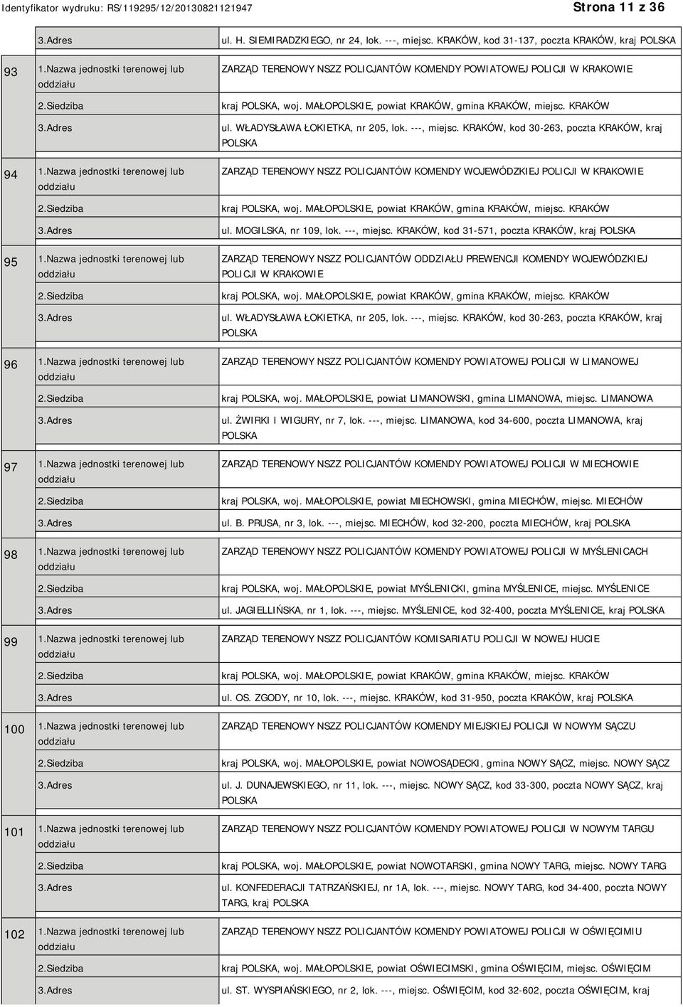 WŁADYSŁAWA ŁOKIETKA, nr 205, lok. ---, miejsc. KRAKÓW, kod 30-263, poczta KRAKÓW, kraj ZARZĄD TERENOWY NSZZ POLICJANTÓW KOMENDY WOJEWÓDZKIEJ POLICJI W KRAKOWIE kraj, woj.