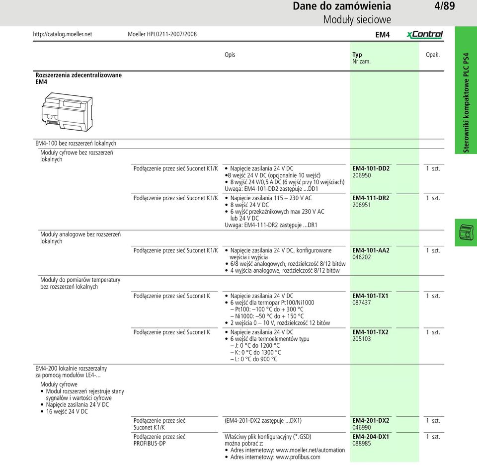 ..dd1 EM4-101-DD2 206950 Podłączenie przez sieć Suconet K1/K Napięcie zasilania 115 230 V AC 8 wejść 24 V DC 6 przekaźnikowych max 230 V AC lub 24 V DC Uwaga: EM4-111-DR2 zastępuje.