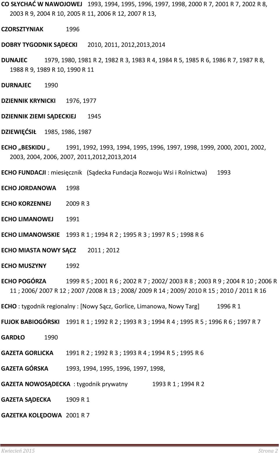 SĄDECKIEJ 1945 DZIEWIĘĆSIŁ 1985, 1986, 1987 ECHO BESKIDU 1991, 1992, 1993, 1994, 1995, 1996, 1997, 1998, 1999, 2000, 2001, 2002, 2003, 2004, 2006, 2007, 2011,2012,2013,2014 ECHO FUNDACJI :