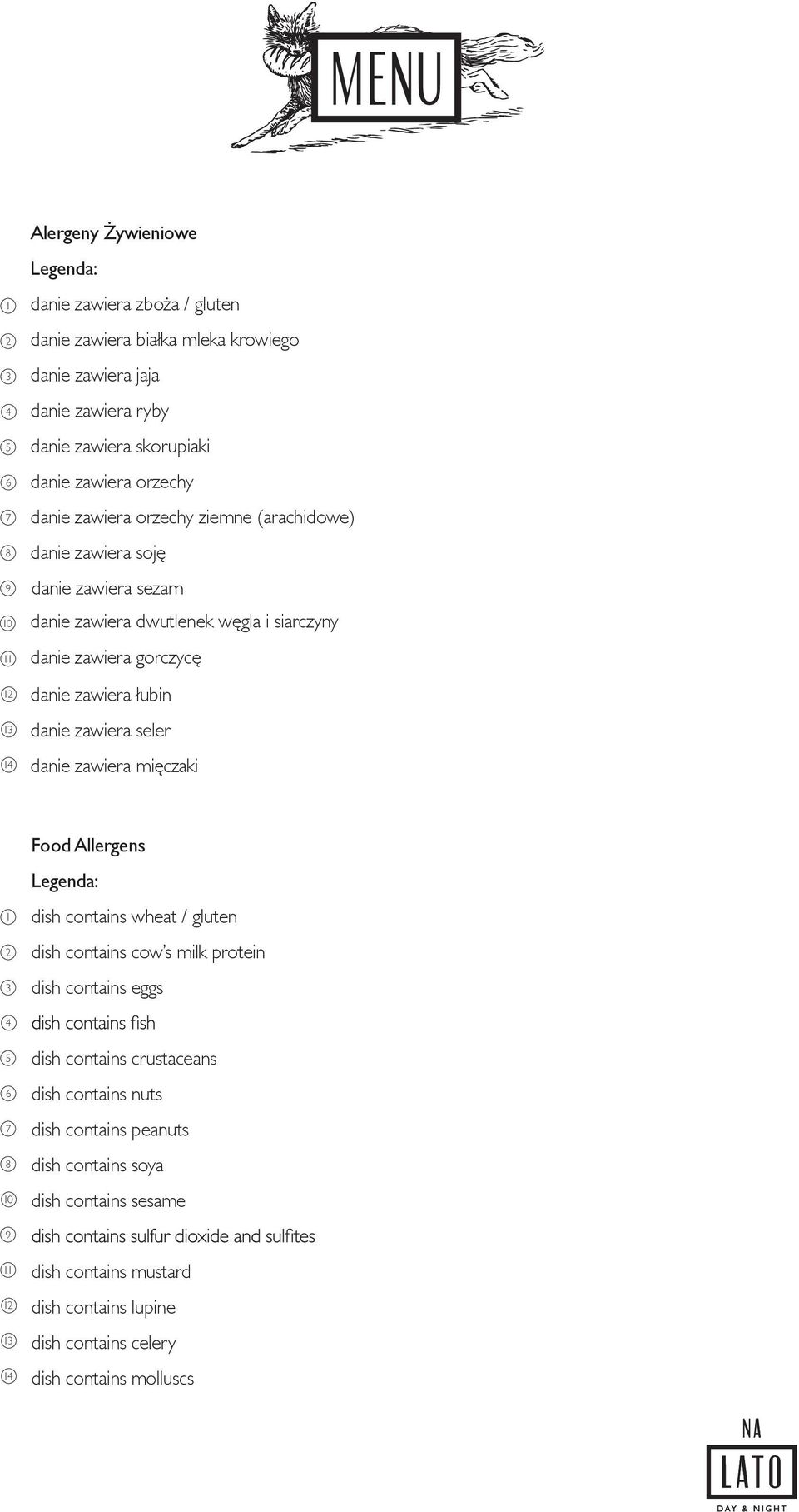 zawiera łubin danie zawiera seler danie zawiera mięczaki 1 2 3 Food Allergens Legenda: dish contains wheat / gluten dish contains cow s milk protein dish contains eggs 4 5 6 7 8 10 dish