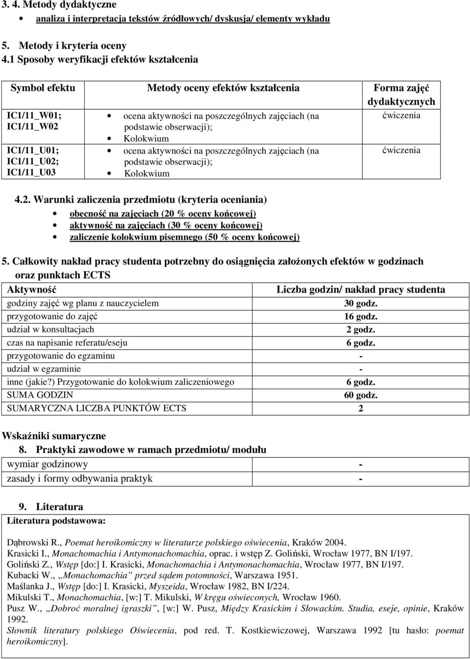 obserwacji); ćwiczenia IC1/11_U01; IC1/11_U02;