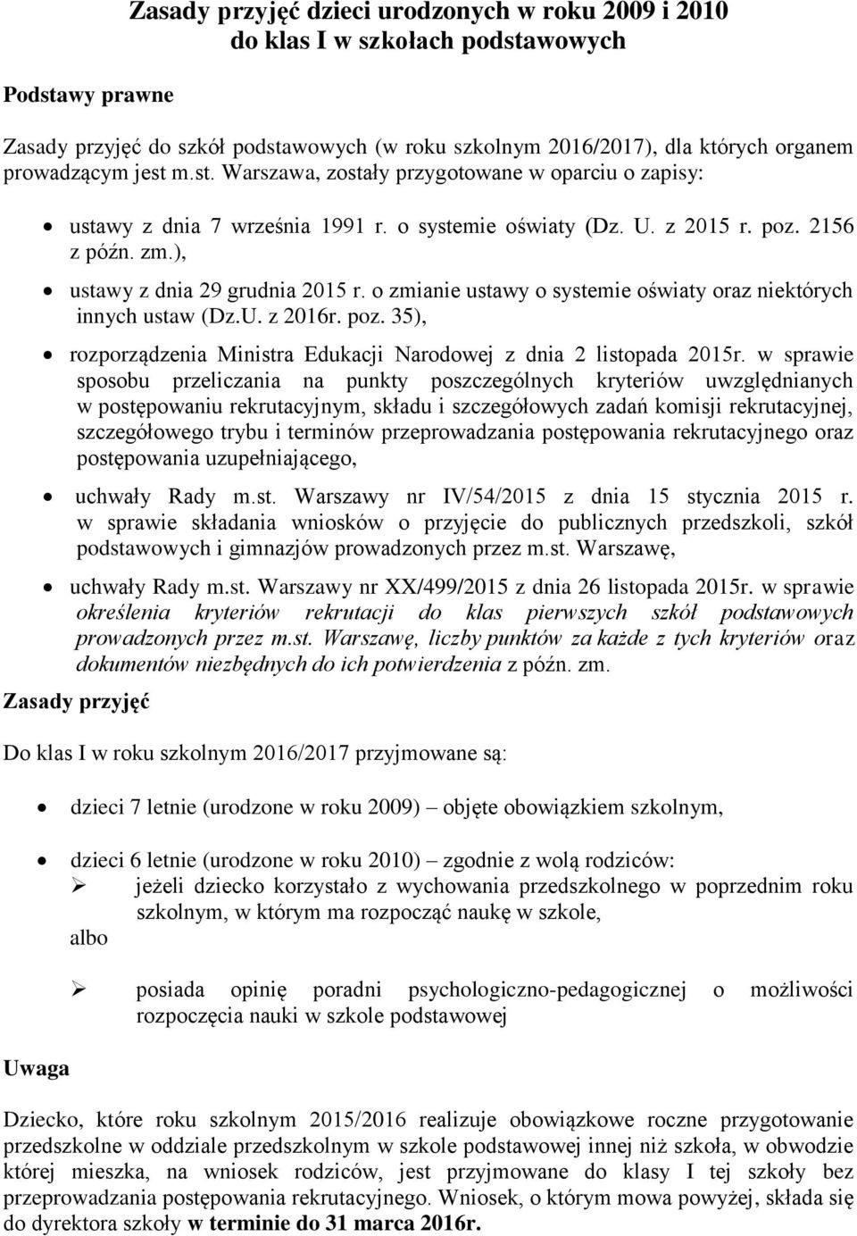 o zmianie ustawy o systemie oświaty oraz niektórych innych ustaw (Dz.U. z 2016r. poz. 35), rozporządzenia Ministra Edukacji Narodowej z dnia 2 listopada 2015r.