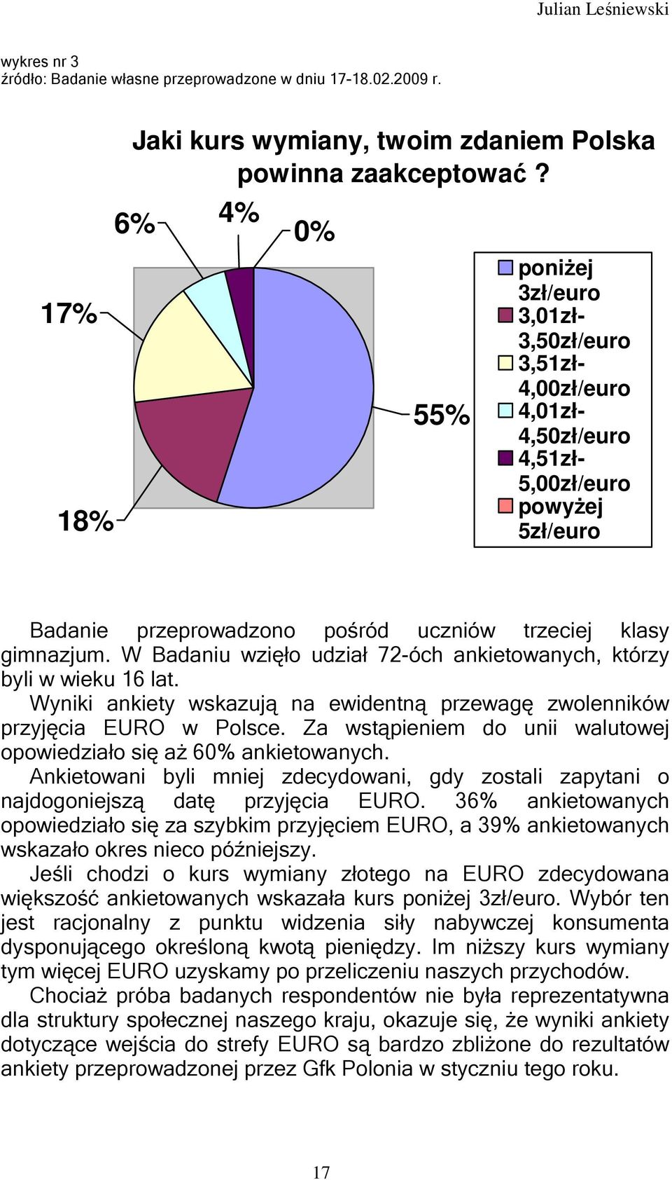 W Badaniu wzięło udział 72-óch ankietowanych, którzy byli w wieku 16 lat. Wyniki ankiety wskazują na ewidentną przewagę zwolenników przyjęcia EURO w Polsce.