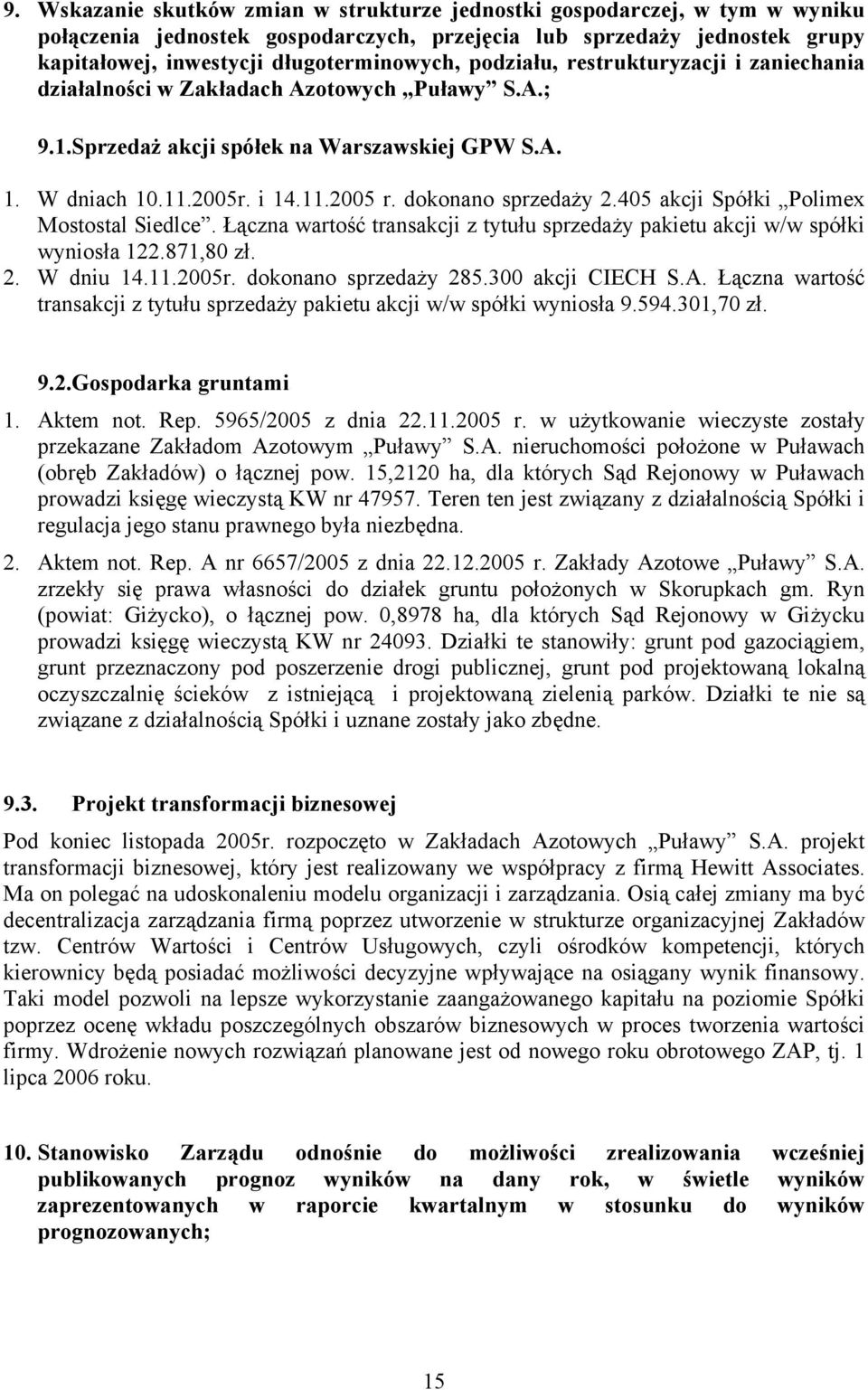 dokonano sprzedaży 2.405 akcji Spółki Polimex Mostostal Siedlce. Łączna wartość transakcji z tytułu sprzedaży pakietu akcji w/w spółki wyniosła 122.871,80 zł. 2. W dniu 14.11.2005r.