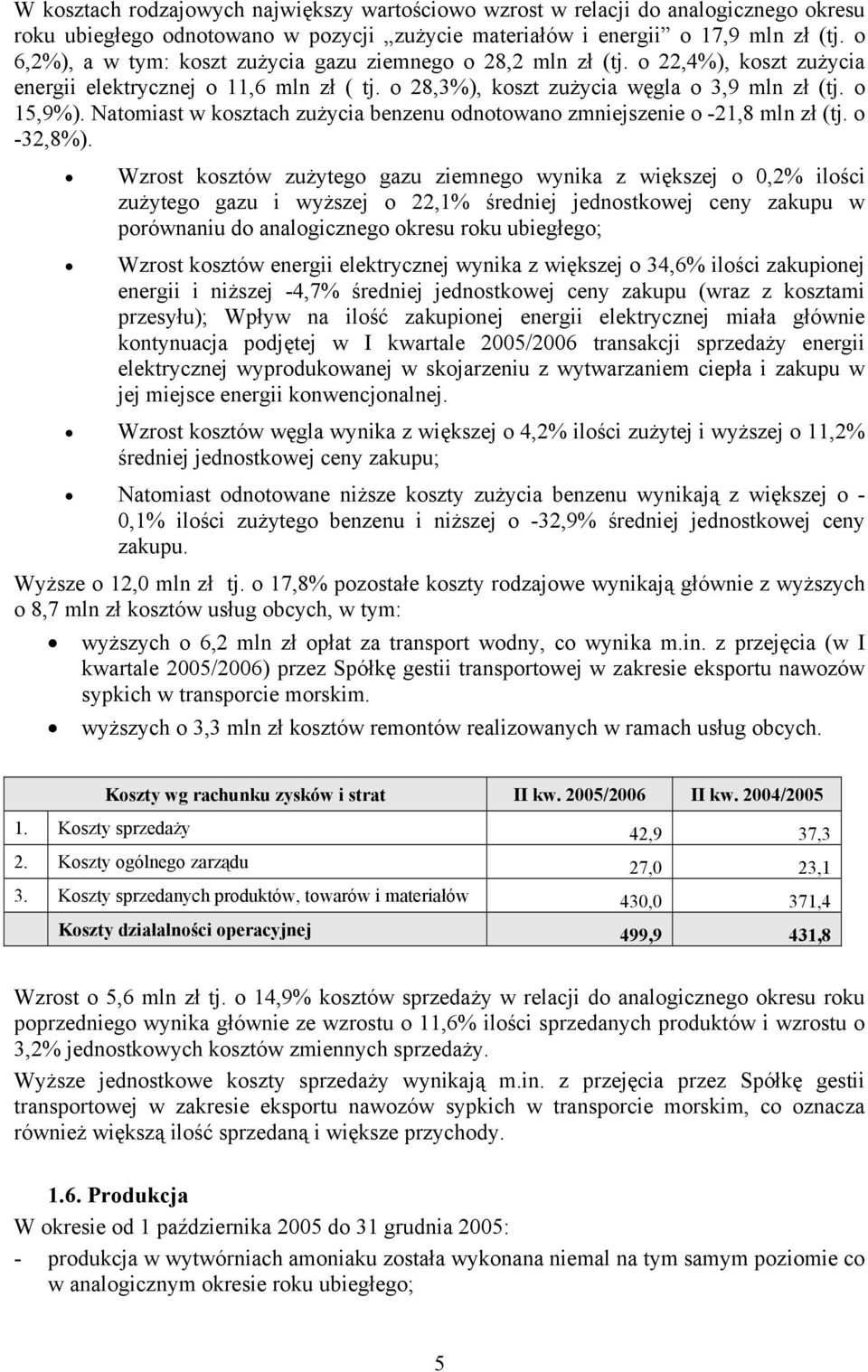 Natomiast w kosztach zużycia benzenu odnotowano zmniejszenie o -21,8 mln zł (tj. o -32,8%).