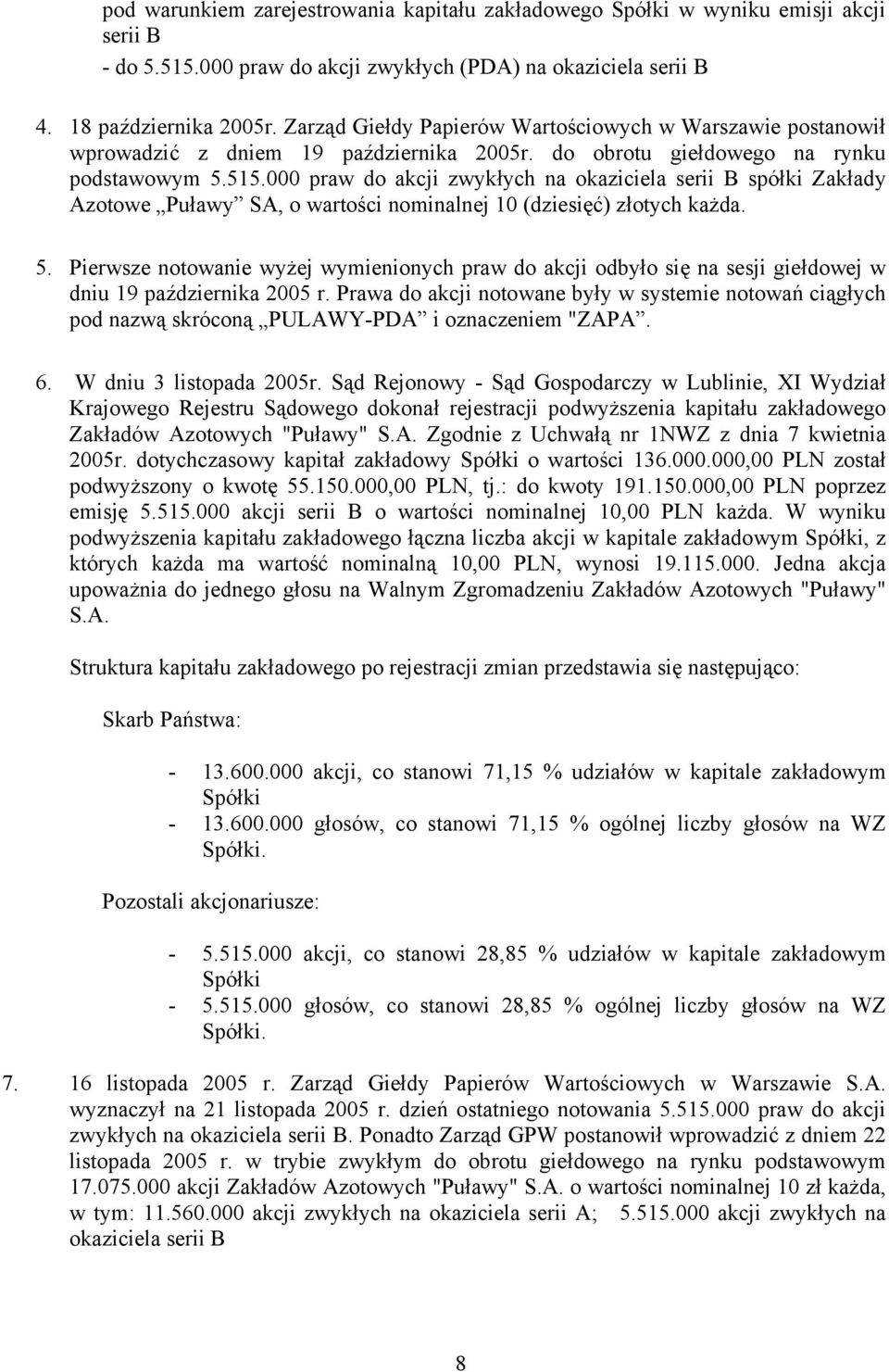 000 praw do akcji zwykłych na okaziciela serii B spółki Zakłady Azotowe Puławy SA, o wartości nominalnej 10 (dziesięć) złotych każda. 5.