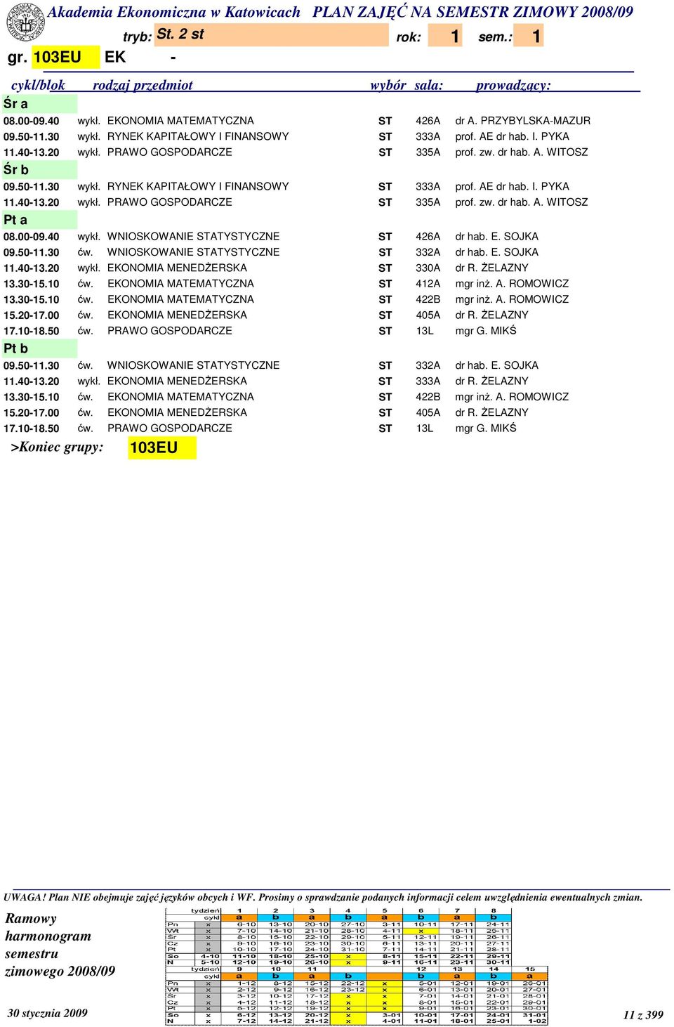 00-09.40 wykł. WNIOSKOWANIE STATYSTYCZNE ST 426A dr hab. E. SOJKA 09.50-11.30 ćw. WNIOSKOWANIE STATYSTYCZNE ST 332A dr hab. E. SOJKA 11.40-13.20 wykł. EKONOMIA MENEDśERSKA ST 330A dr R. śelazny 13.