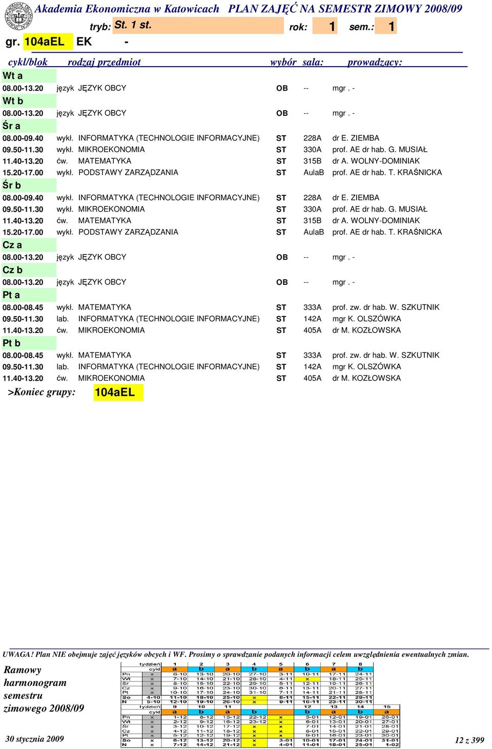 INFORMATYKA (TECHNOLOGIE INFORMACYJNE) ST 228A dr E. ZIEMBA 09.50-11.30 wykł. MIKROEKONOMIA ST 330A prof. AE dr hab. G. MUSIAŁ 11.40-13.20 ćw. MATEMATYKA ST 315B dr A. WOLNY-DOMINIAK 15.20-17.00 wykł.