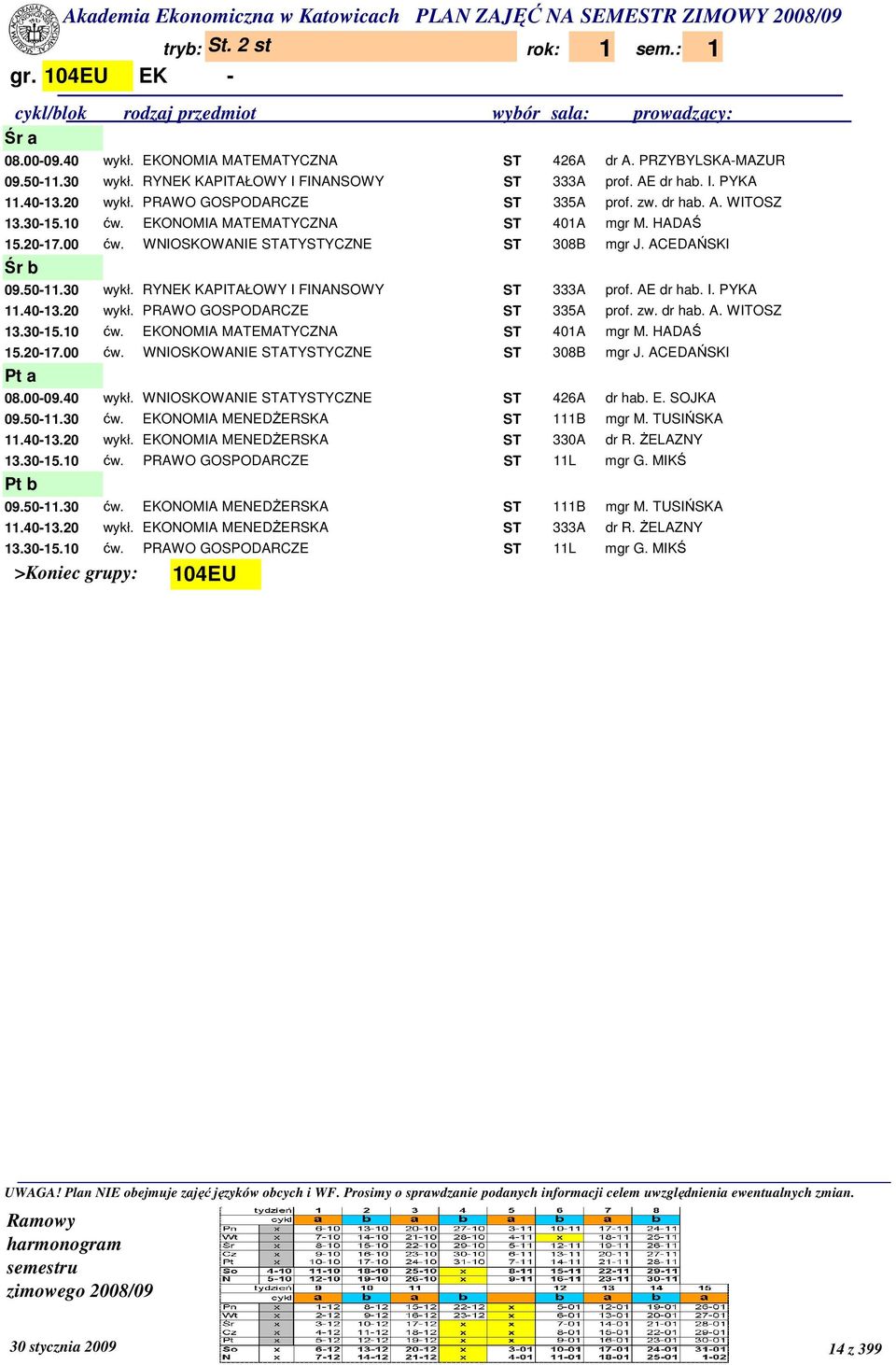 50-11.30 wykł. RYNEK KAPITAŁOWY I FINANSOWY ST 333A prof. AE dr hab. I. PYKA 11.40-13.20 wykł. PRAWO GOSPODARCZE ST 335A prof. zw. dr hab. A. WITOSZ 13.30-15.10 ćw.