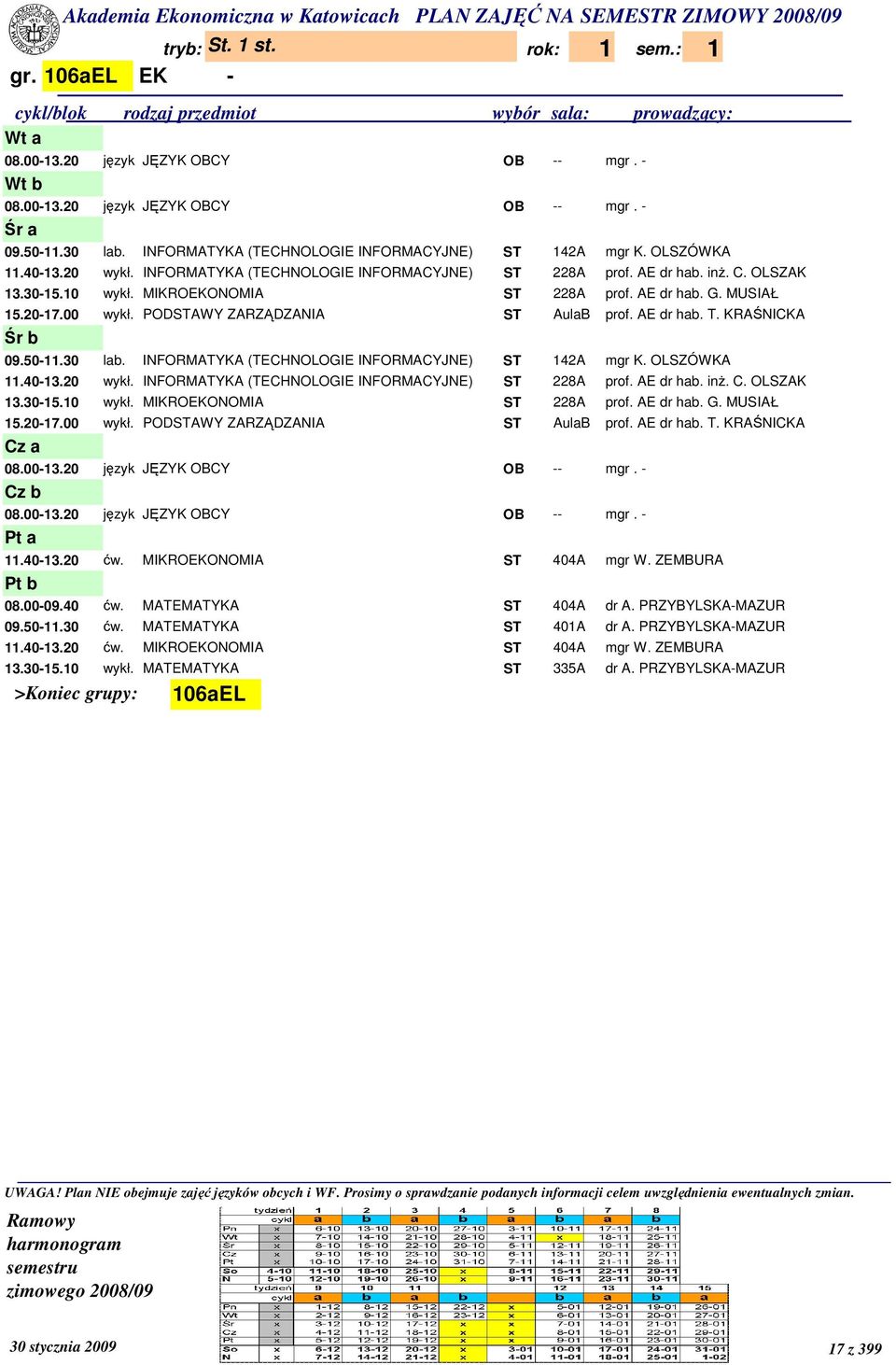 INFORMATYKA (TECHNOLOGIE INFORMACYJNE) ST 142A mgr K. OLSZÓWKA 11.40-13.20 wykł. INFORMATYKA (TECHNOLOGIE INFORMACYJNE) ST 228A prof. AE dr hab. inŝ. C. OLSZAK 13.30-15.10 wykł.