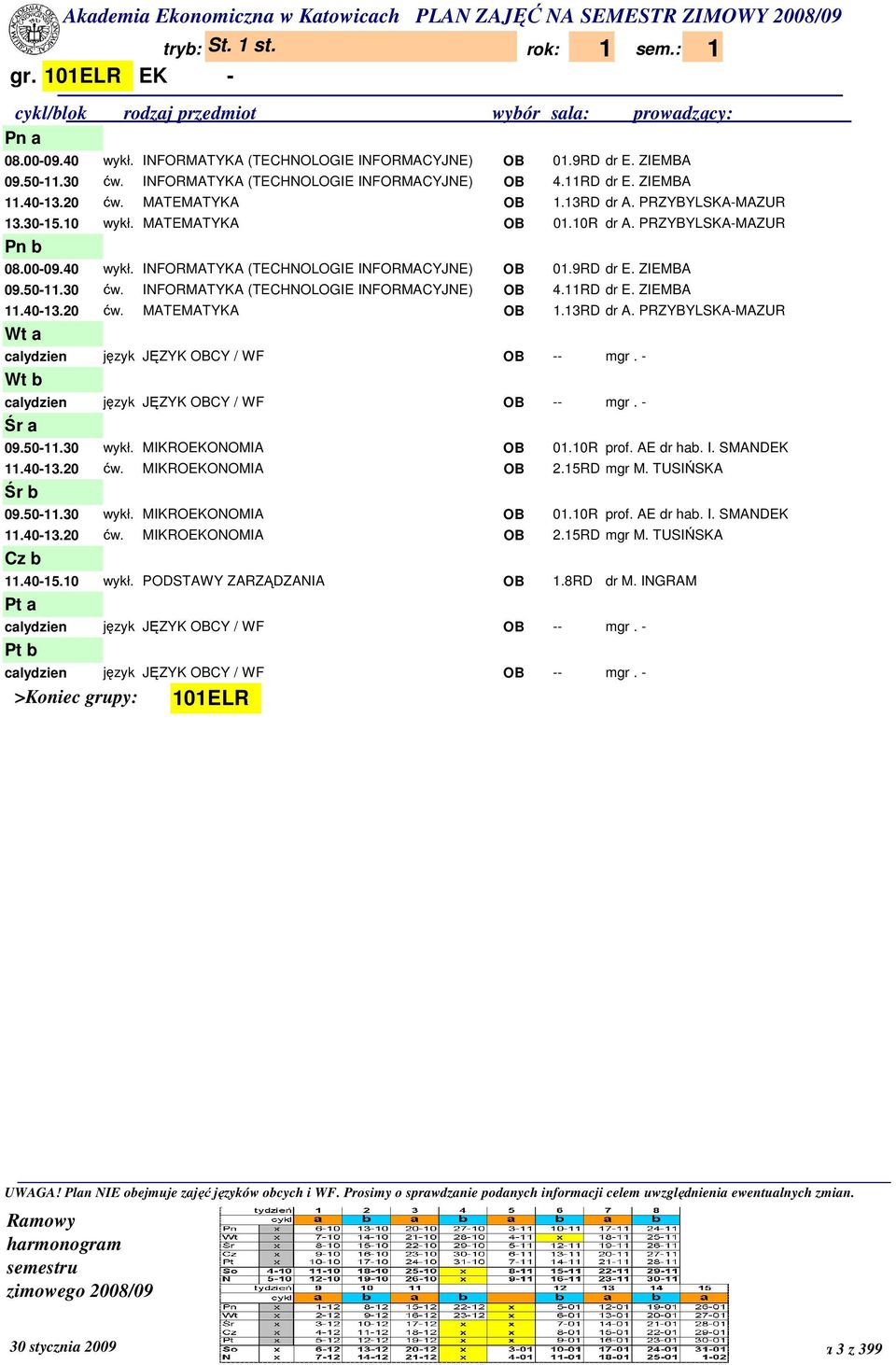 9RD dr E. ZIEMBA 09.50-11.30 ćw. INFORMATYKA (TECHNOLOGIE INFORMACYJNE) OB 4.11RD dr E. ZIEMBA 11.40-13.20 ćw. MATEMATYKA OB 1.13RD dr A. PRZYBYLSKA-MAZUR calydzien język JĘZYK OBCY / WF OB -- mgr.