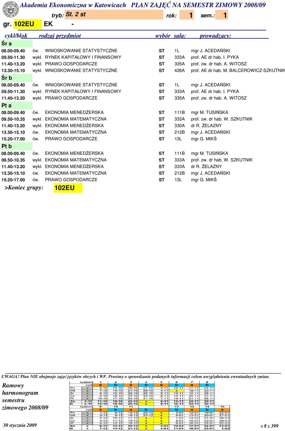 WNIOSKOWANIE STATYSTYCZNE ST 1L mgr J. ACEDAŃSKI 09.50-11.30 wykł. RYNEK KAPITAŁOWY I FINANSOWY ST 333A prof. AE dr hab. I. PYKA 11.40-13.20 wykł. PRAWO GOSPODARCZE ST 335A prof. zw. dr hab. A. WITOSZ 08.