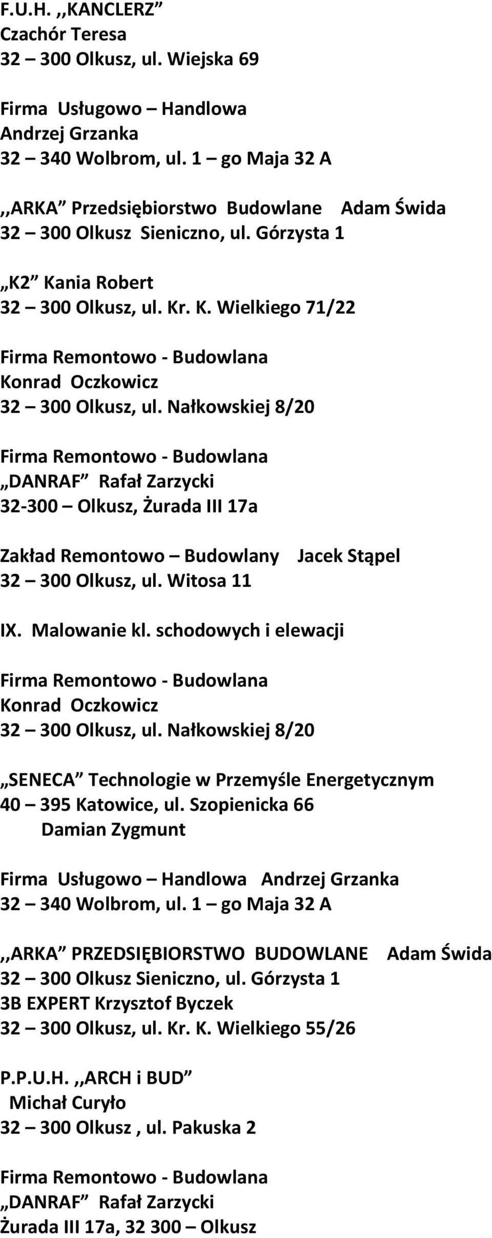 Górzysta 1 K2 Kania Robert 32 300 Olkusz, ul. Kr. K. Wielkiego 71/22 32-300 Olkusz, Żurada III 17a Zakład Remontowo Budowlany Jacek Stąpel 32 300 Olkusz, ul.