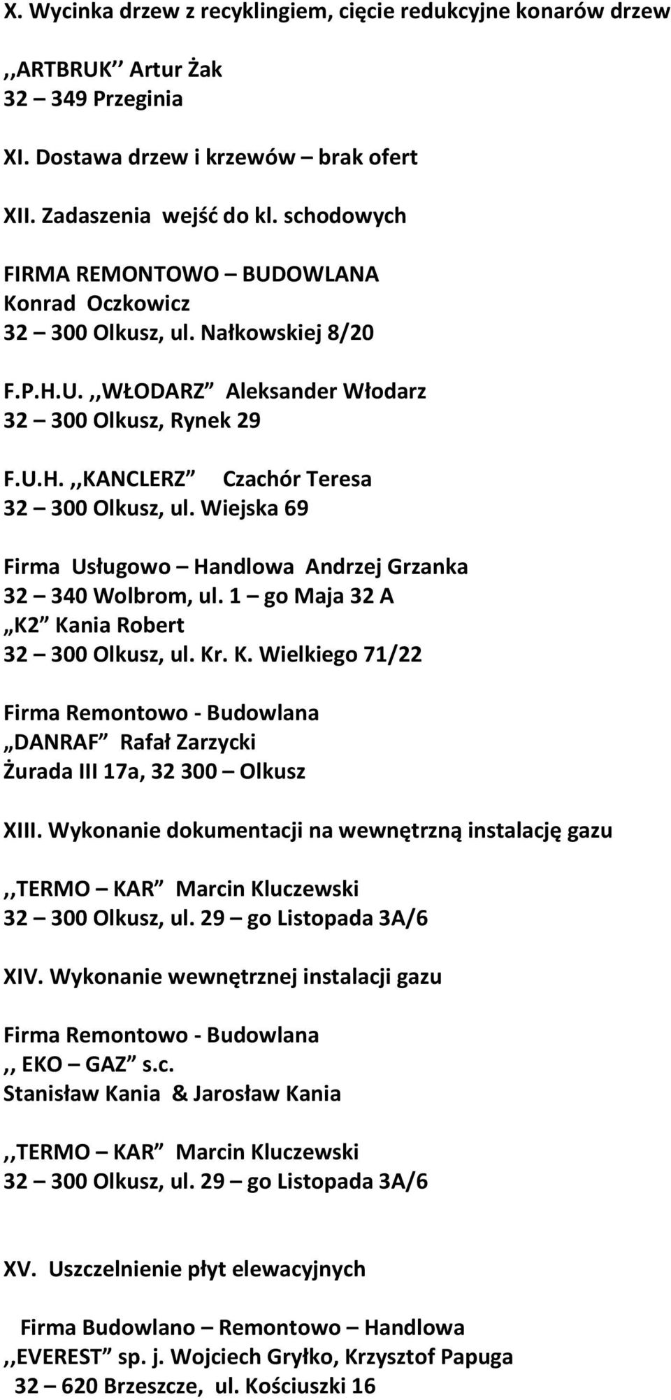 Wiejska 69 Firma Usługowo Handlowa Andrzej Grzanka K2 Kania Robert 32 300 Olkusz, ul. Kr. K. Wielkiego 71/22 Żurada III 17a, 32 300 Olkusz XIII.