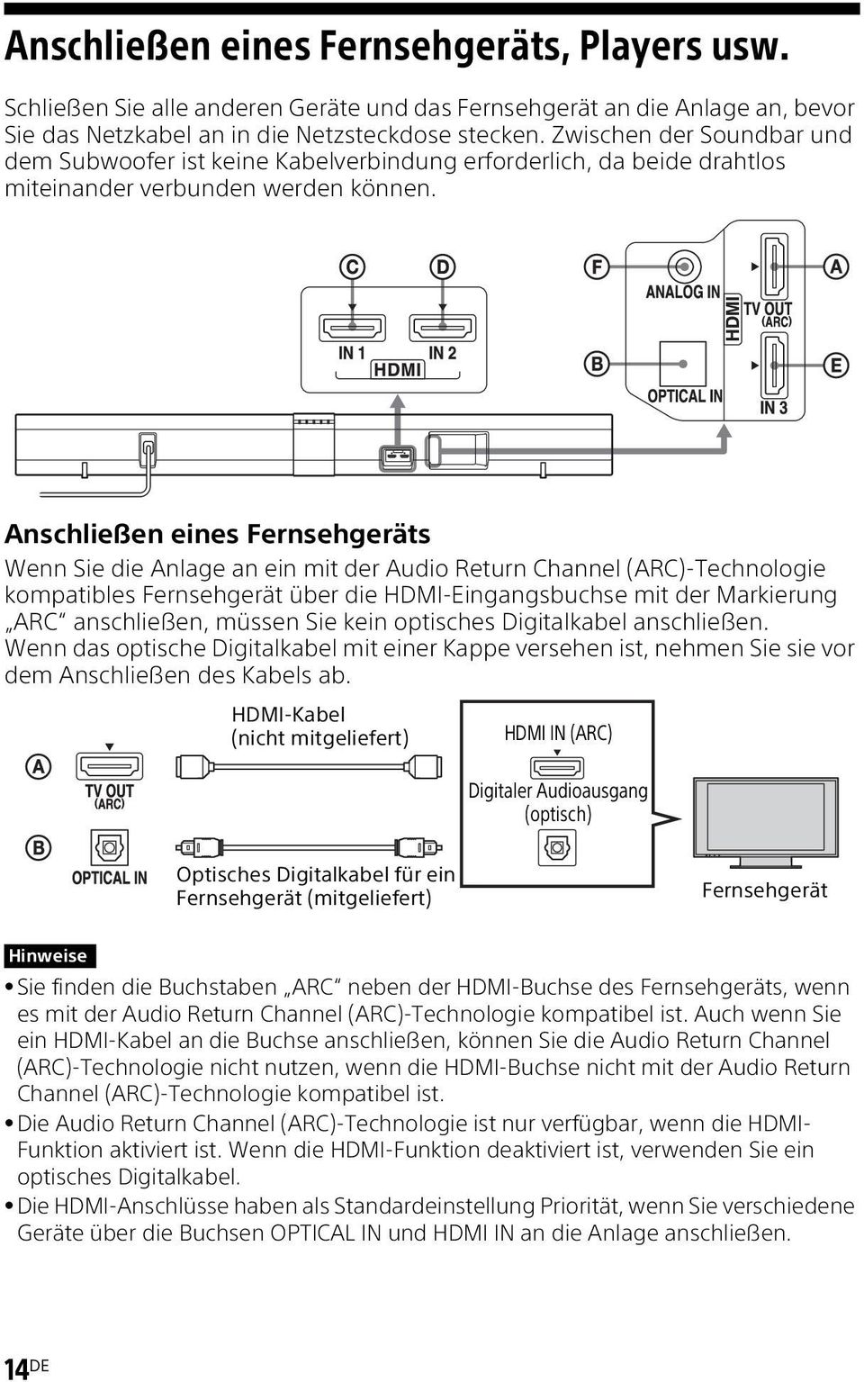 Anschließen eines Fernsehgeräts Wenn Sie die Anlage an ein mit der Audio Return Channel (ARC)-Technologie kompatibles Fernsehgerät über die HDMI-Eingangsbuchse mit der Markierung ARC anschließen,