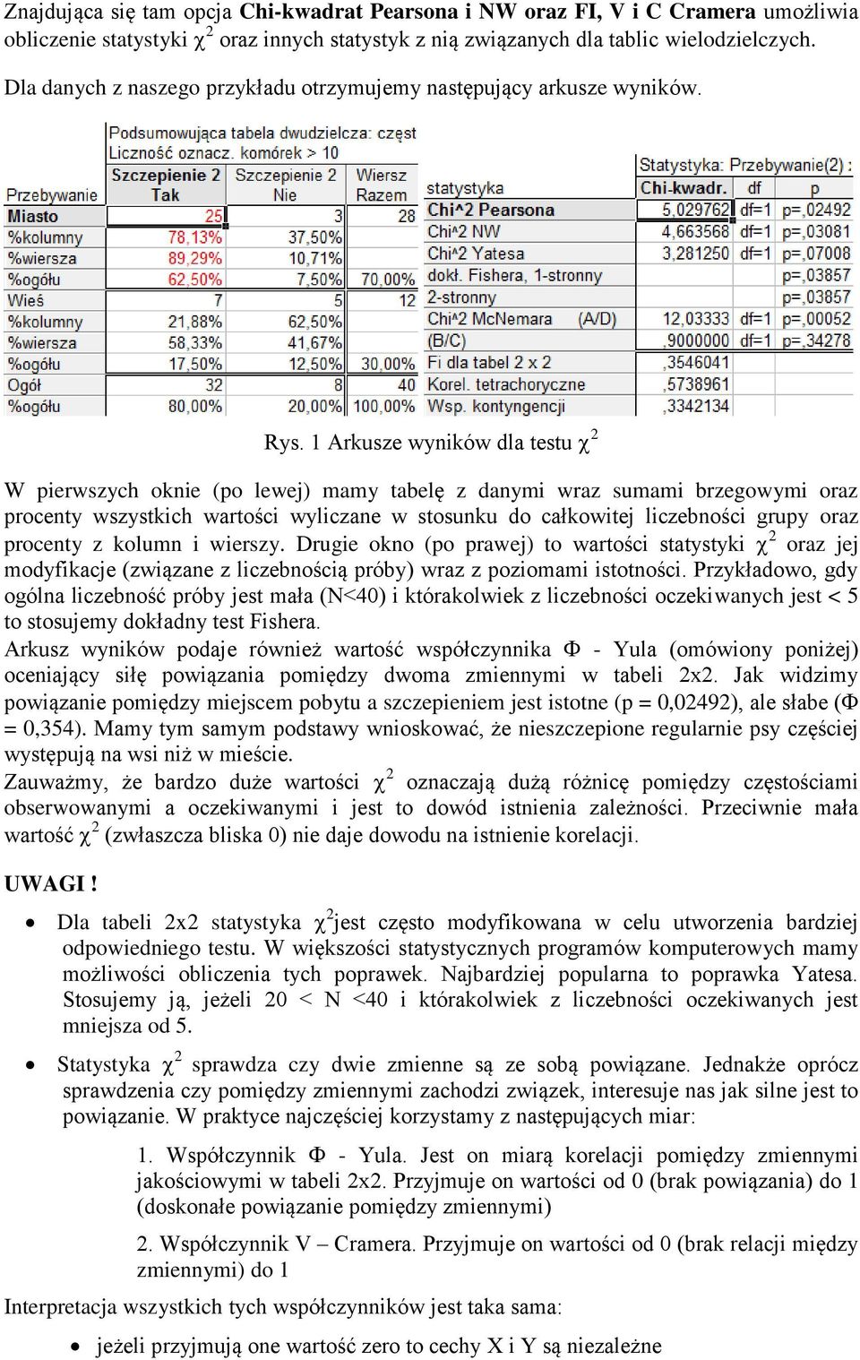 1 Arkusze wyników dla testu W pierwszych oknie (po lewej) mamy tabelę z danymi wraz sumami brzegowymi oraz procenty wszystkich wartości wyliczane w stosunku do całkowitej liczebności grupy oraz